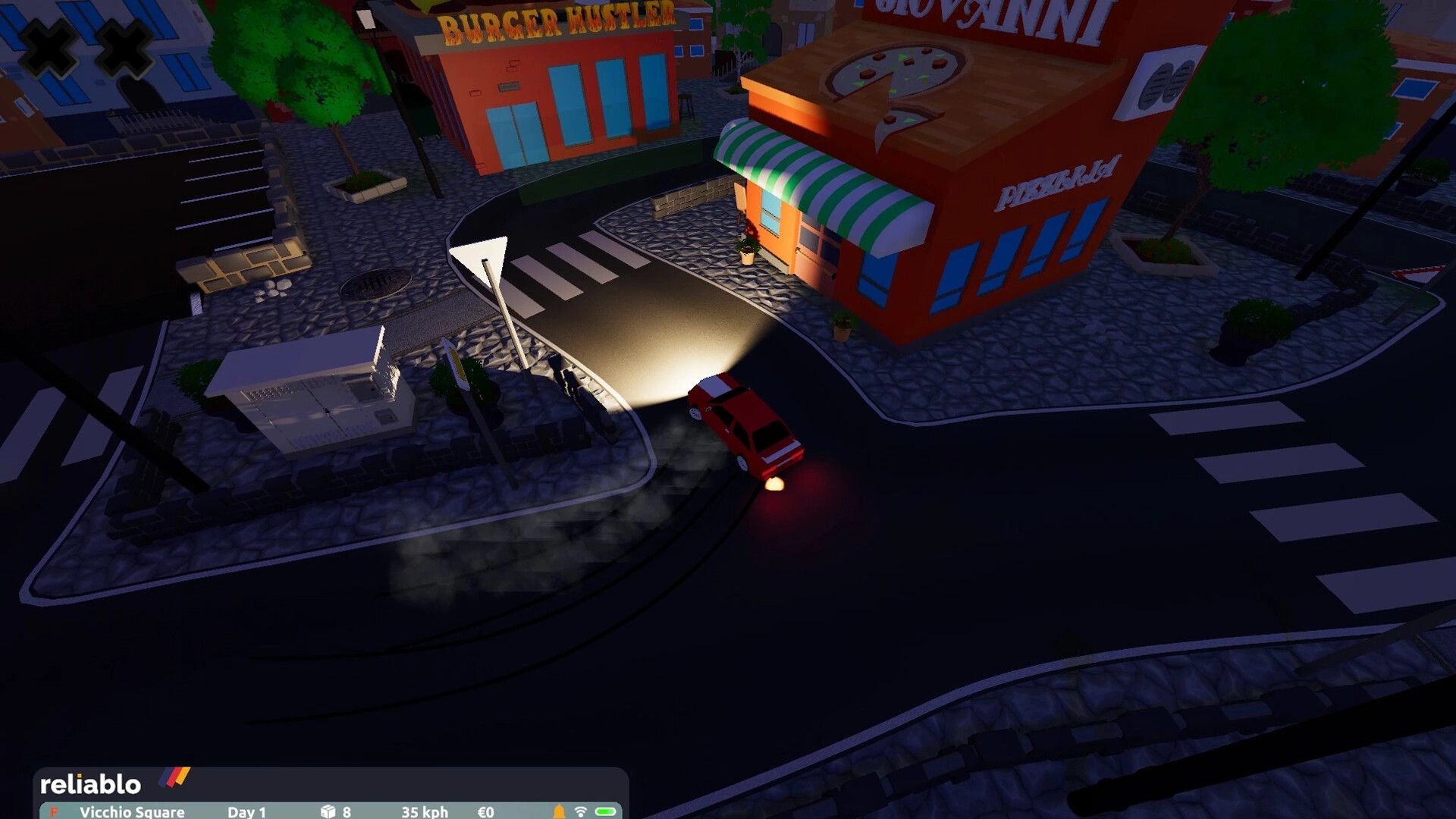 Courier 79: Nighttime driving near pizzeria and burger shop in cobblestone town square setting.