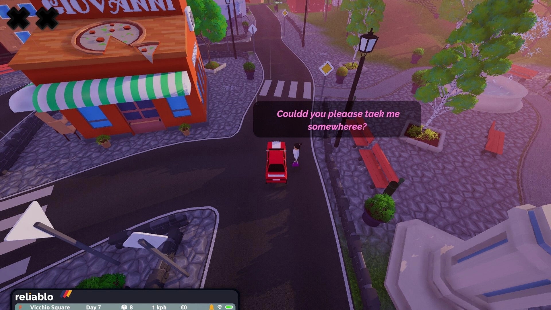 Courier 79: Red car picking up pedestrian near pizza shop on cobblestone street with UI indicators