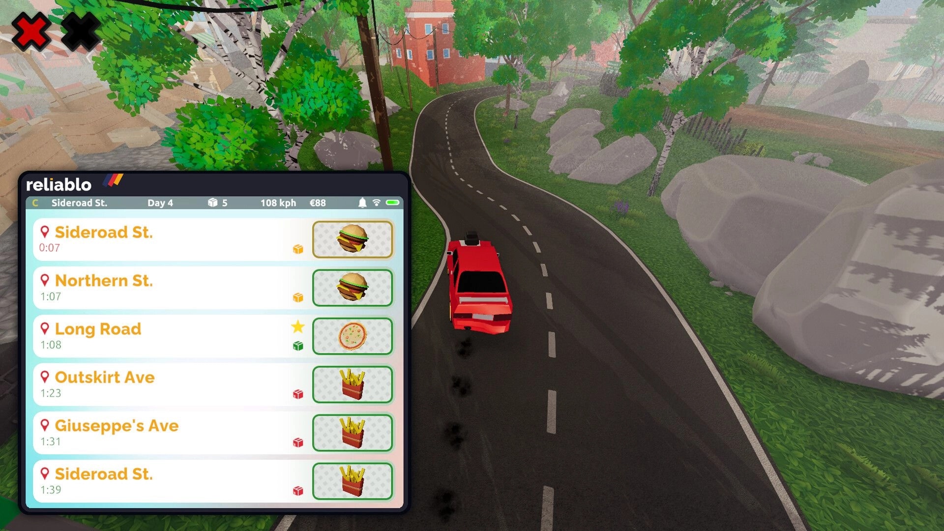 Courier 79: Delivery route selection screen with red car driving on winding road through lush green forest
