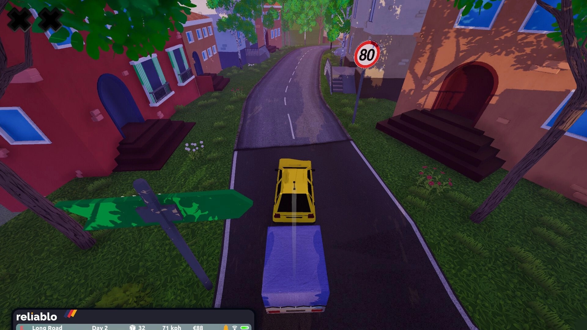 Courier 79: Yellow car follows truck on winding road through colorful village with speed limit sign visible.