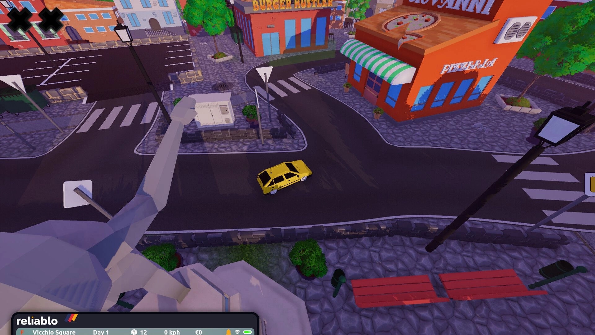 Courier 79: Yellow car navigating a city intersection with a pizzeria and burger shop in view.