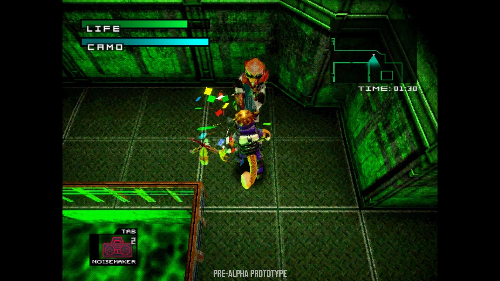 Covert Critter: Reptile agent grapples a guard in green-lit corridor with LIFE, CAMO bars and minimap timer HUD.