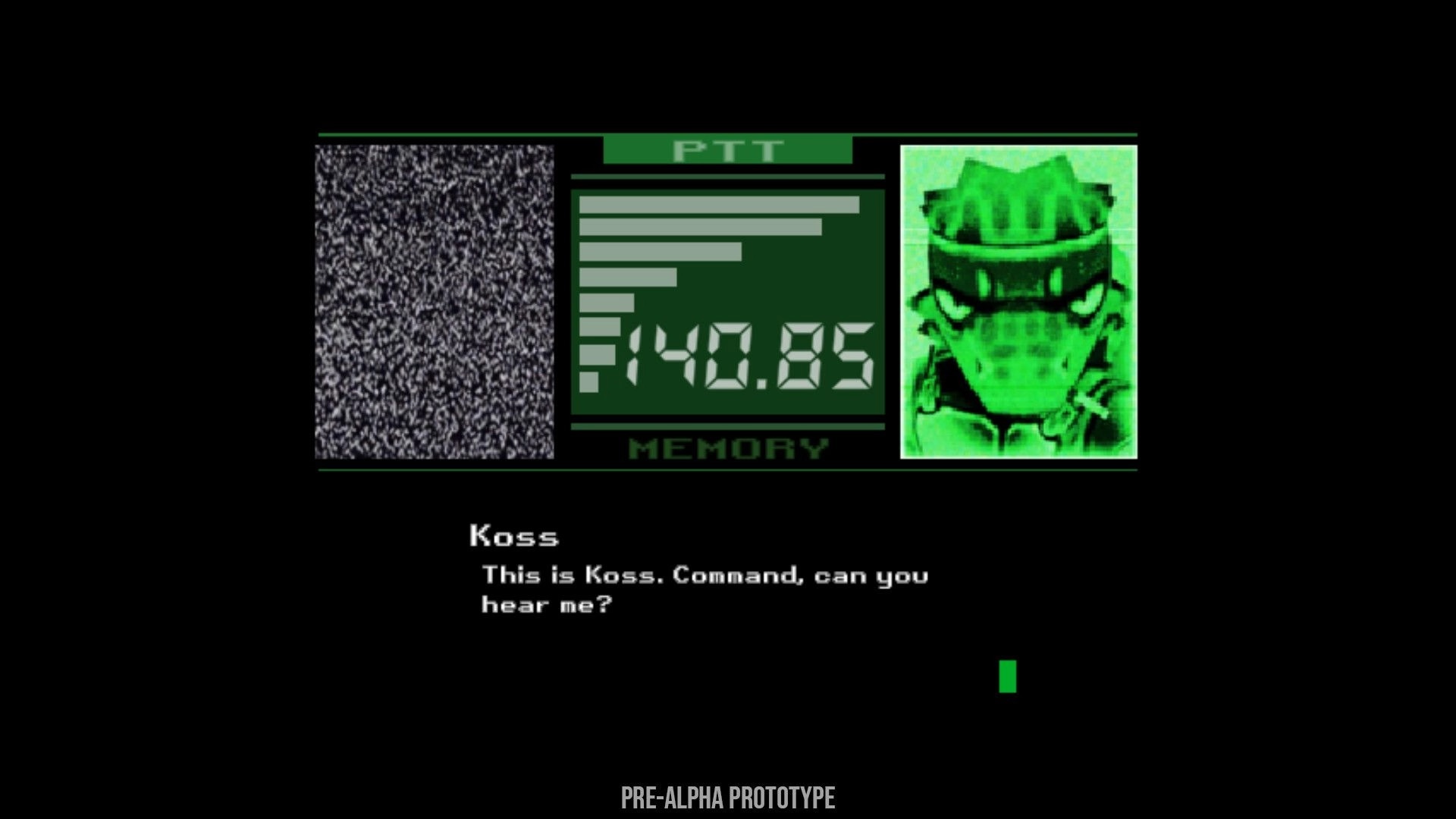 Covert Critter: PTT memory screen with Koss portrait, static panel, and radio dialogue text on black UI.