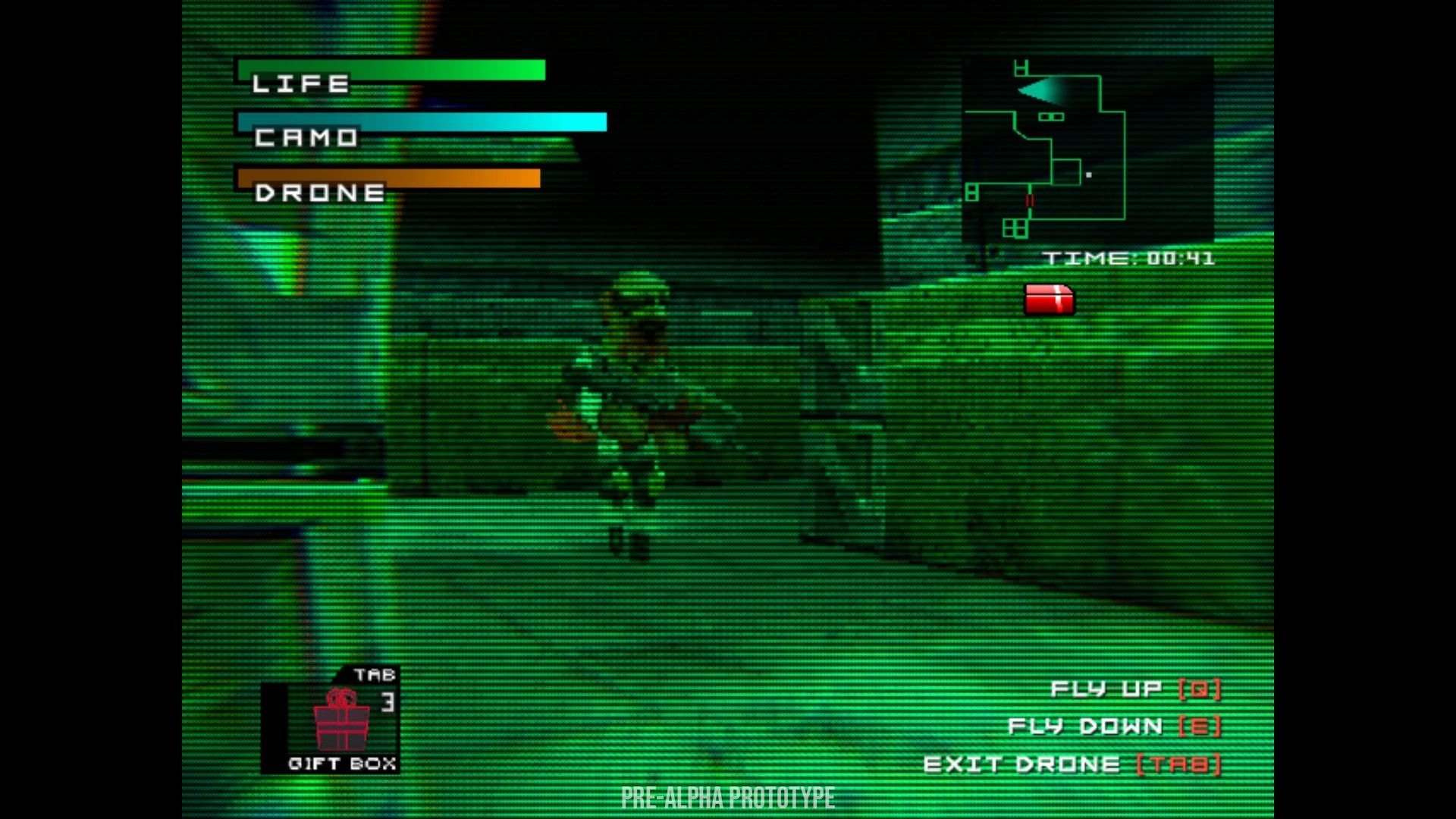 Covert Critter: Drone view tracking a guard in green night-vision corridor with life/camo UI and map.