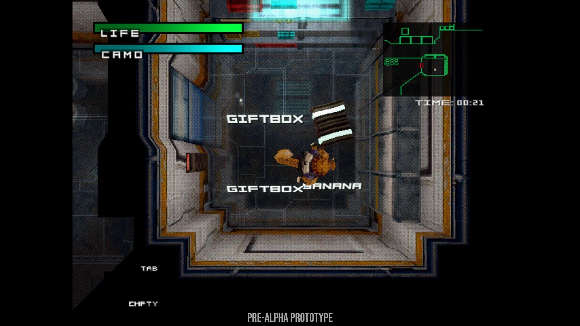 Covert Critter: Top-down stealth corridor with LIFE and CAMO bars, minimap, and timer HUD visible.