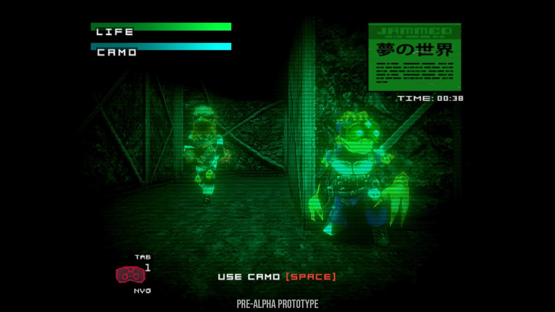 Covert Critter: Night-vision stealth view with LIFE/CAMO bars as a guard patrols a dark corridor.