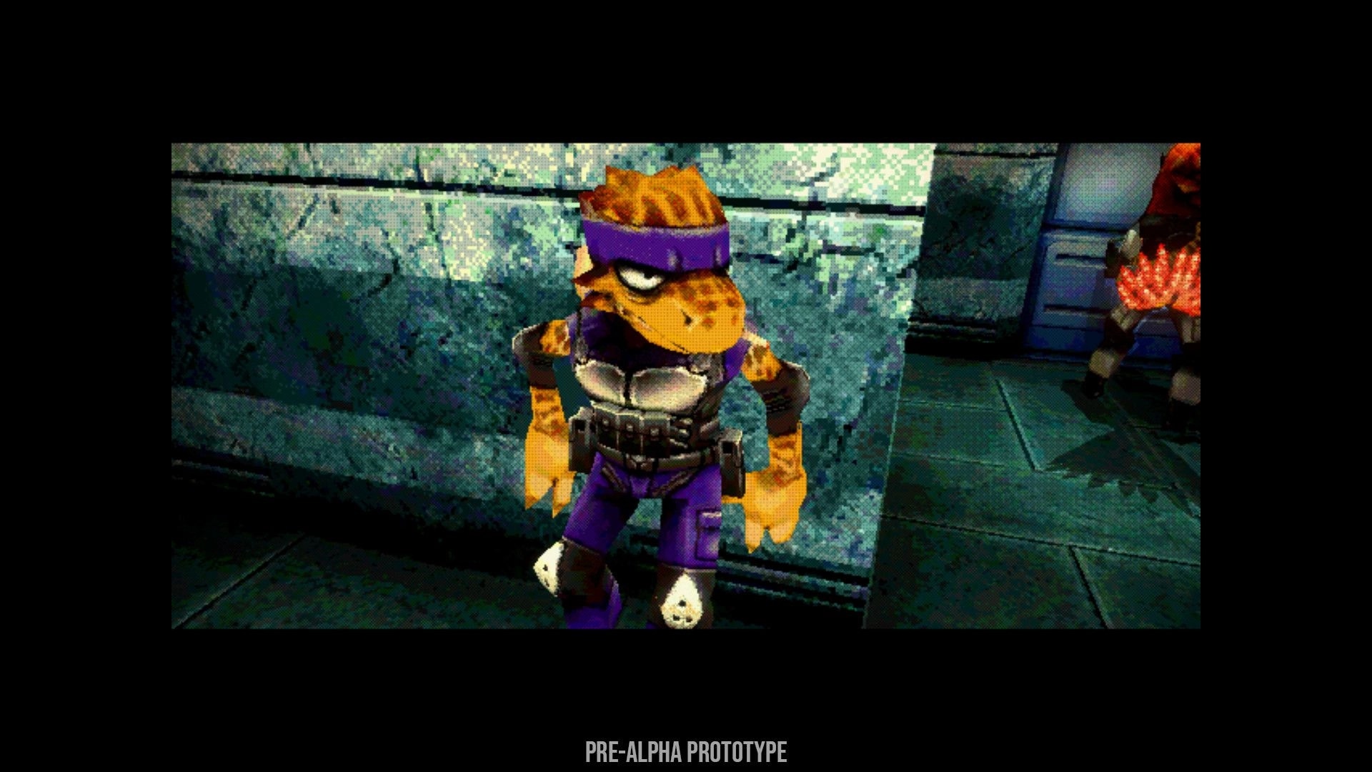 Covert Critter: Reptile operative in purple gear hugs a stone wall in a dim industrial corridor.