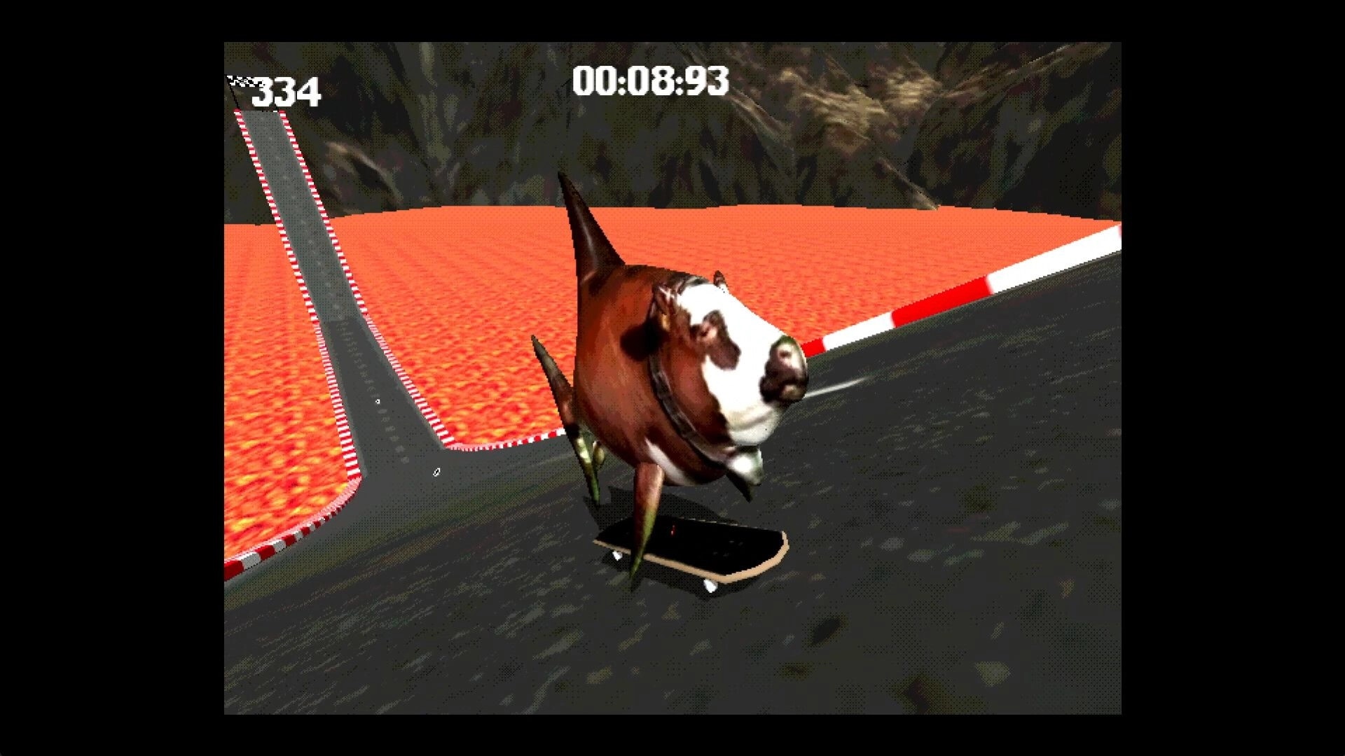 Cow: Cow skateboards on a steep track above lava, with score 334 and timer 00:08:93 HUD.