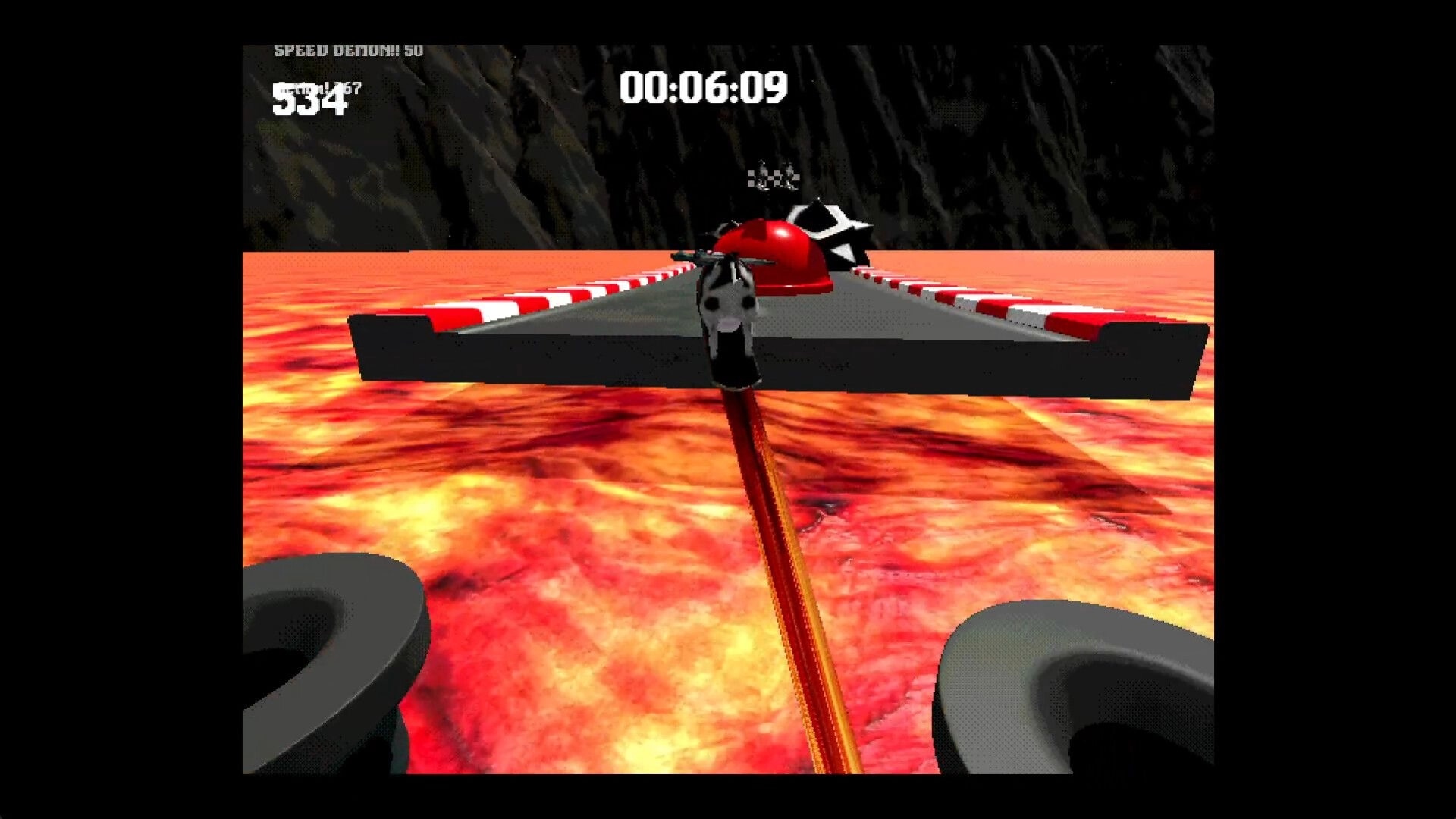 Cow: Cow skates down a narrow track over lava toward a ramp, with timer and score UI above.