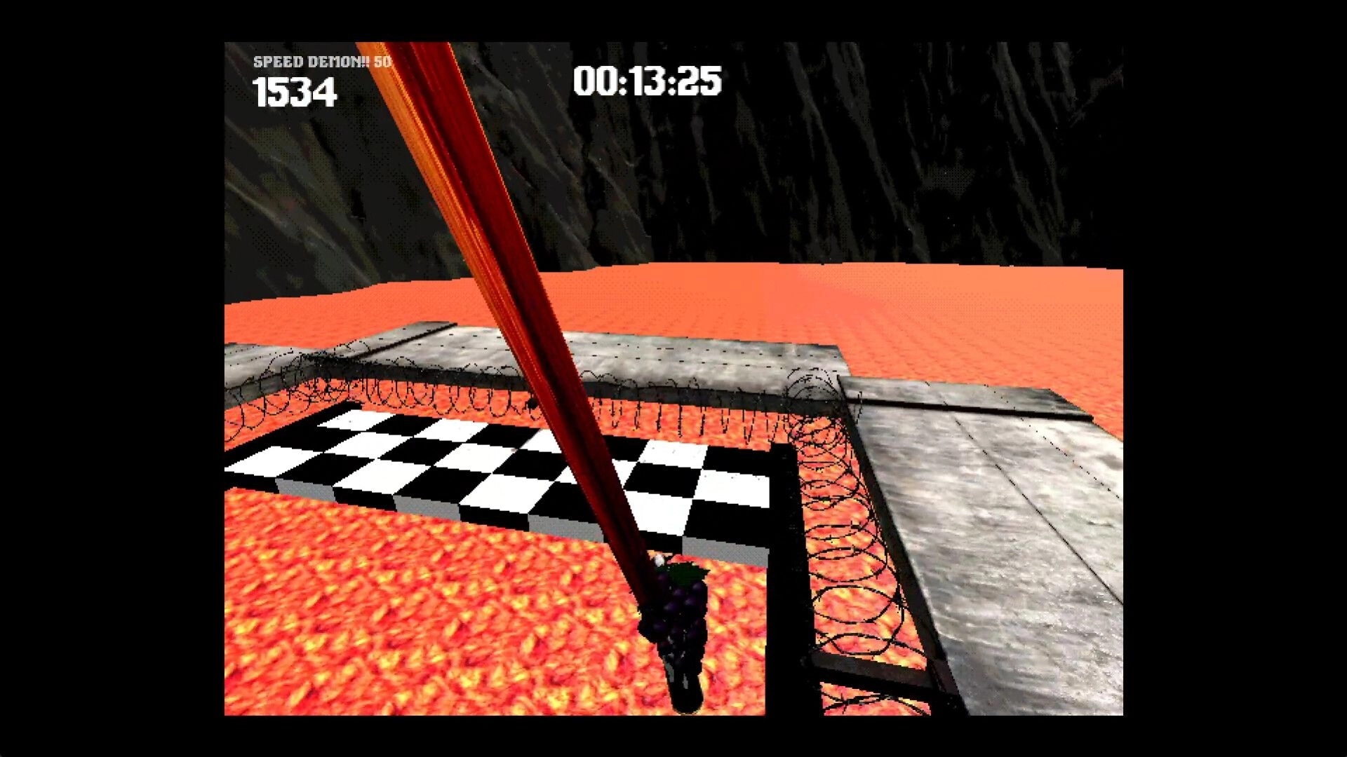Cow: Skater heads for checkered finish over lava with score 1534 and timer 00:13:25 UI.