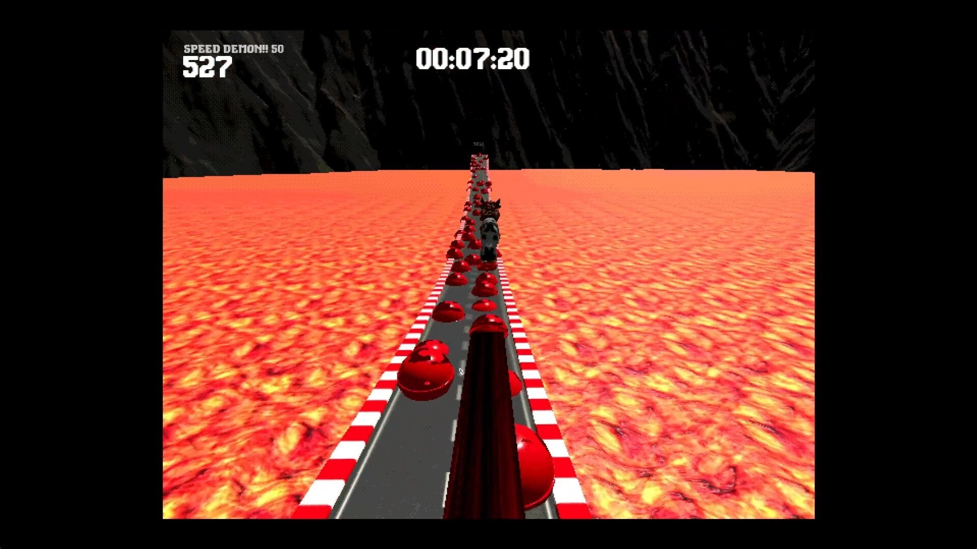 Cow: Cow skates down a narrow track over lava, dodging red obstacles with score and timer HUD.