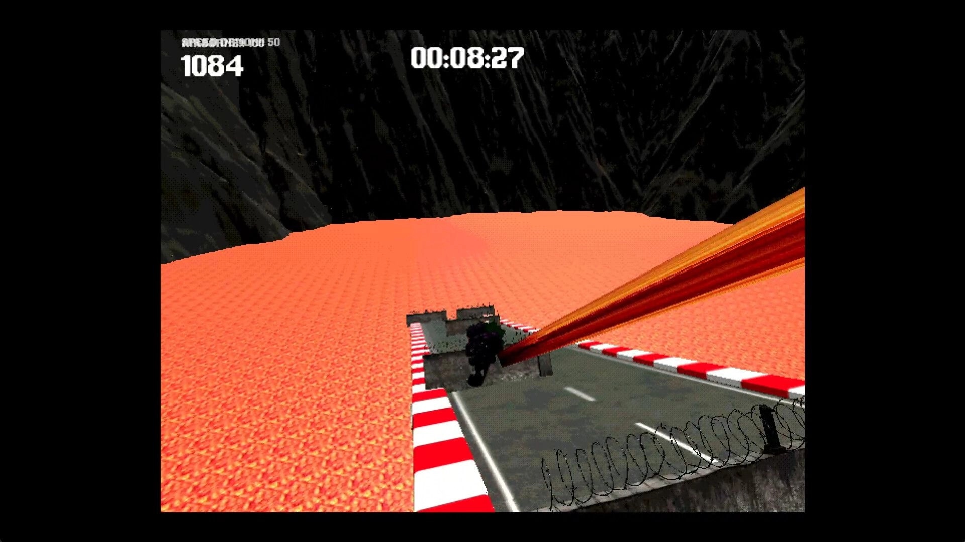 Cow: Third-person race track over lava with striped curbs, ramp, score 1084 and timer 00:08:27.