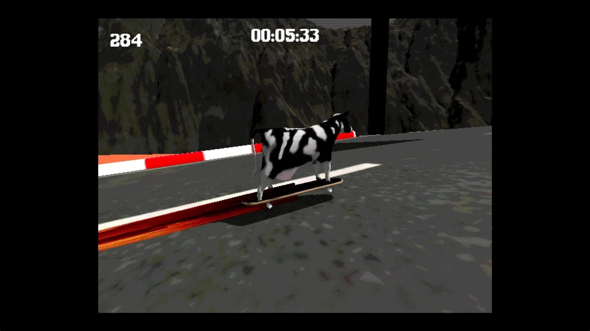 Cow: Cow riding a skateboard on a mountain road with guardrails, score 284 and timer 00:05:33.