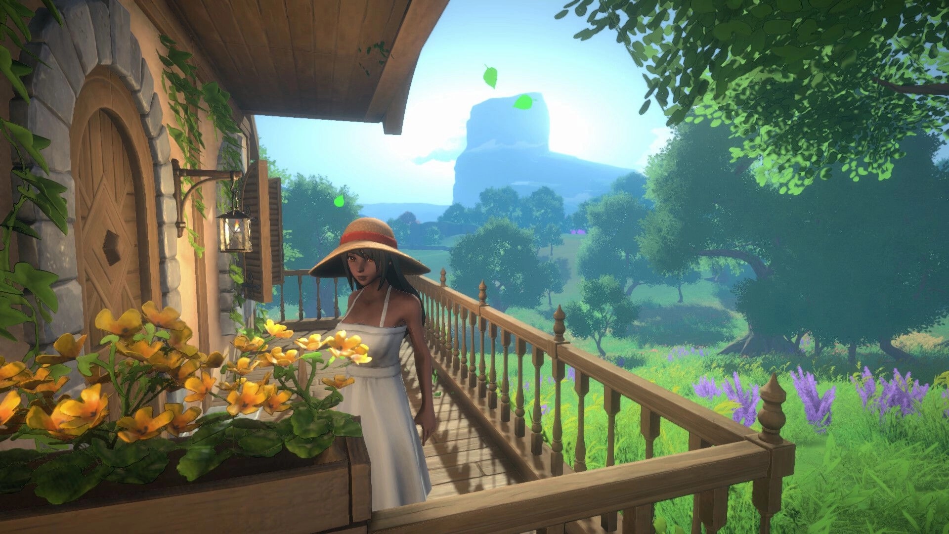 Cozy Builder: Player character on a flowered balcony beside a cottage, overlooking a sunny valley.