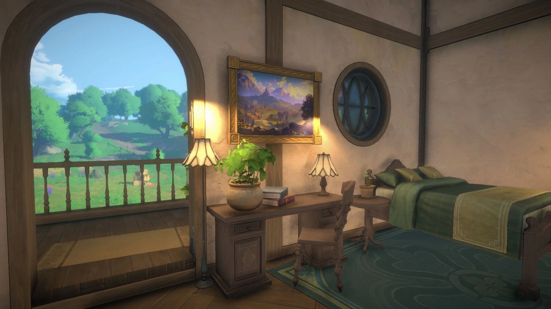 Cozy Builder: Decorated bedroom with desk, lamps, and green bed beside balcony overlooking valley.