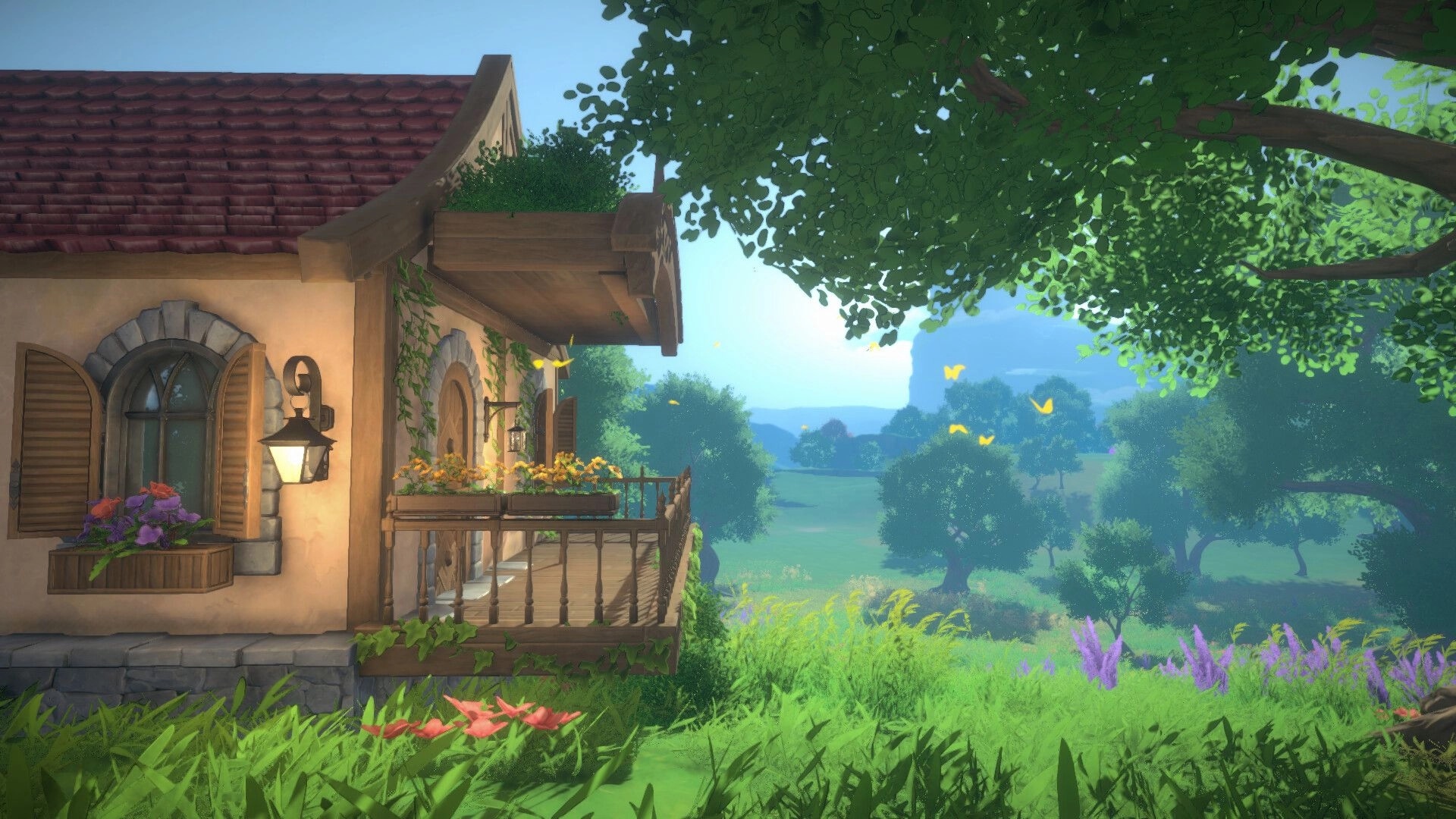 Cozy Builder: Flowered cottage balcony with shutters and lantern overlooking a sunlit valley grove.