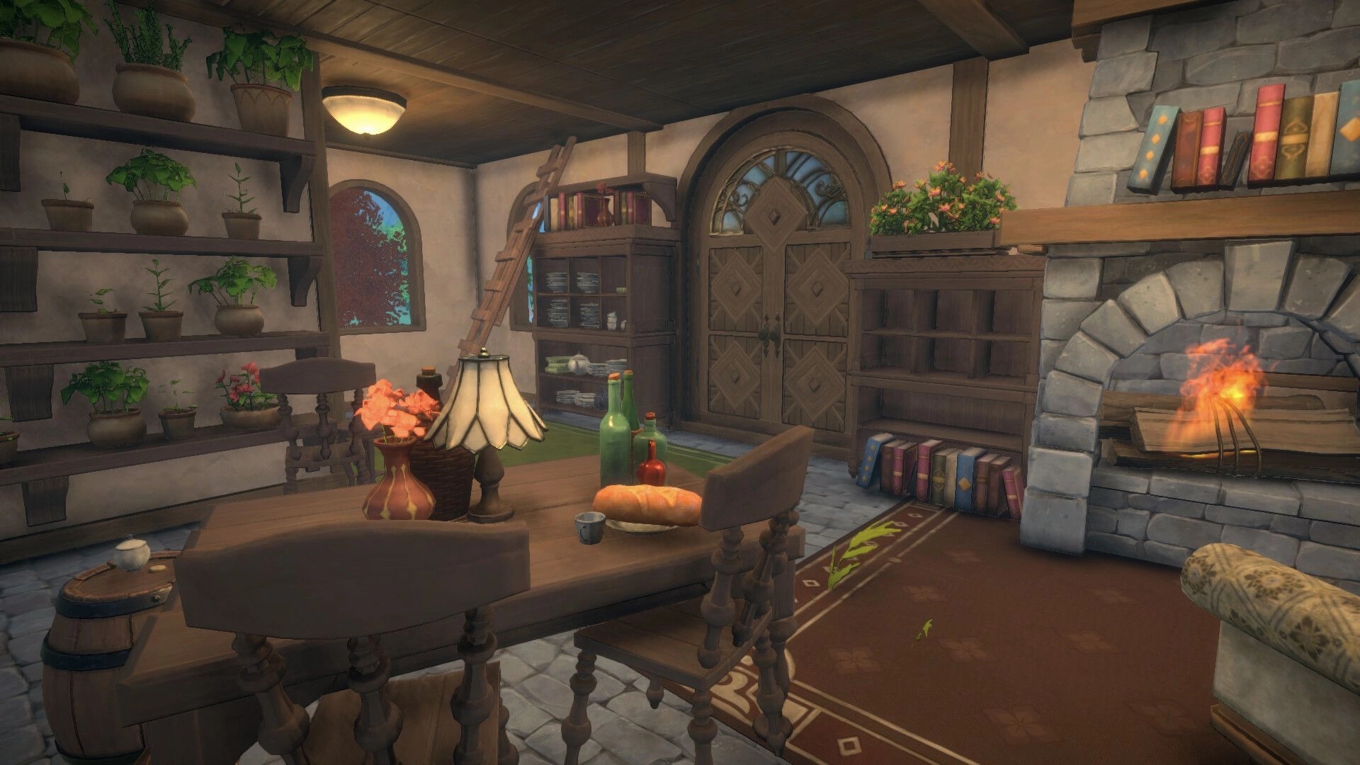 Cozy Builder: Rustic dining room with table decor, bookshelves, potted plants, and lit fireplace indoors.