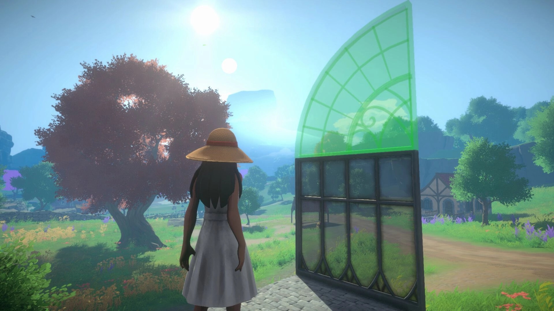 Cozy Builder: Avatar in sunhat previews a green hologram roof piece beside glass wall in valley meadow.