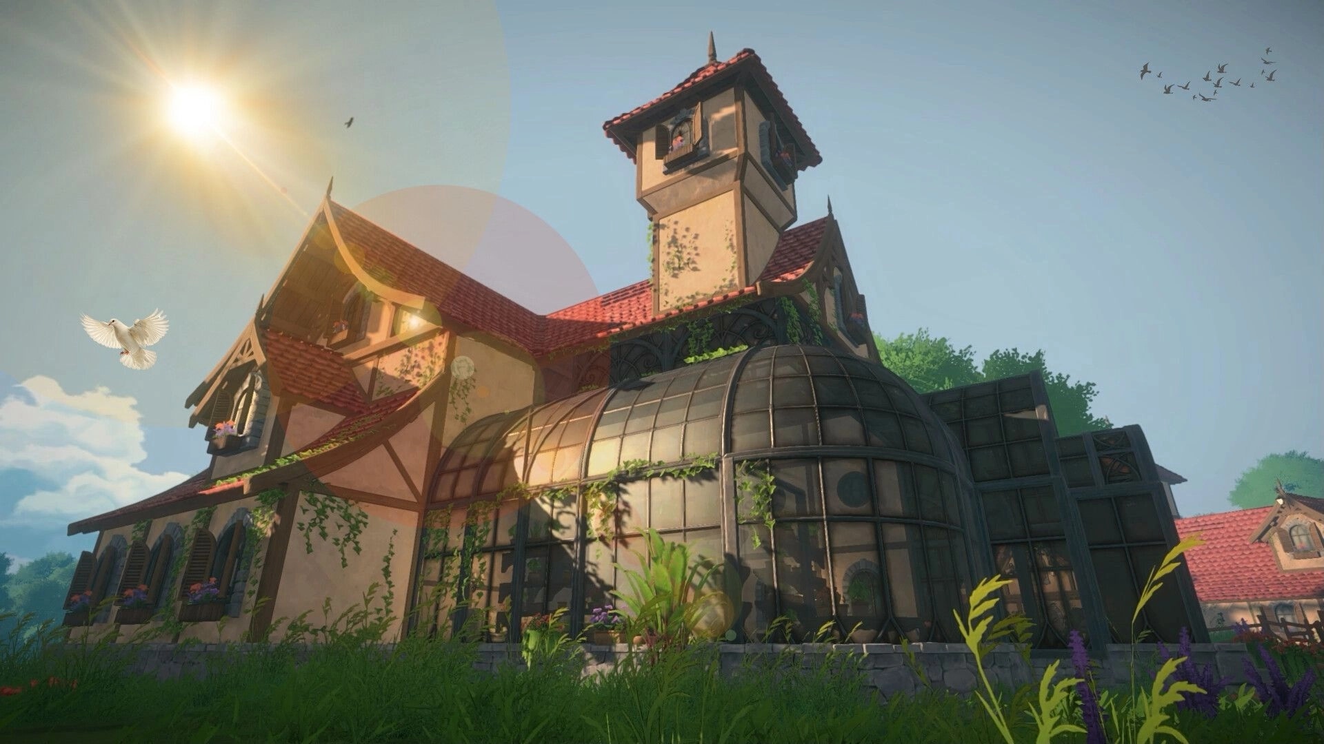 Cozy Builder: Sunlit château with glass conservatory and ivy-covered walls in a lush garden valley.