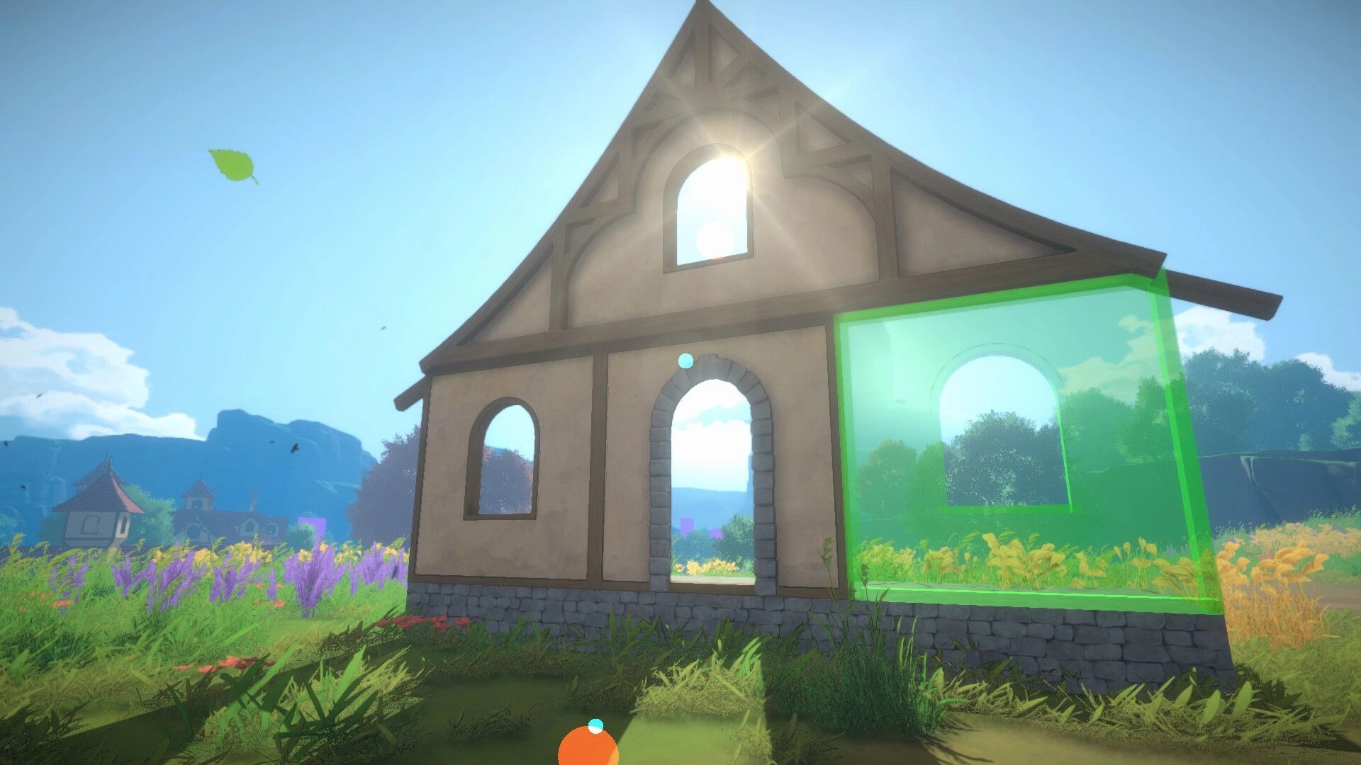 Cozy Builder: Placing a translucent green wall section on a cottage amid sunlit wildflowers and hills.