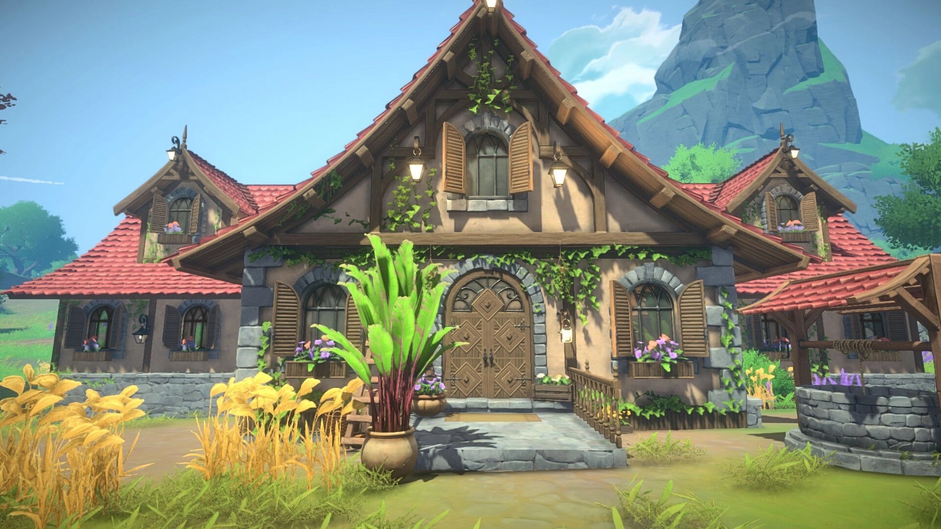 Cozy Builder: Ivy-covered cottage facade with shutters and flower boxes in a sunny valley yard.