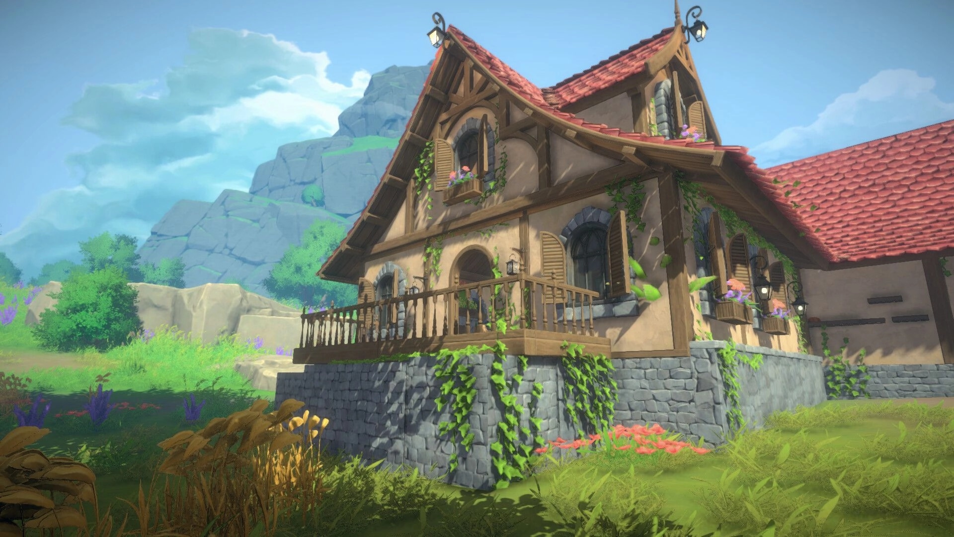 Cozy Builder: Ivy-covered cottage with red tile roof and balcony in a sunny meadow by rocky hills.