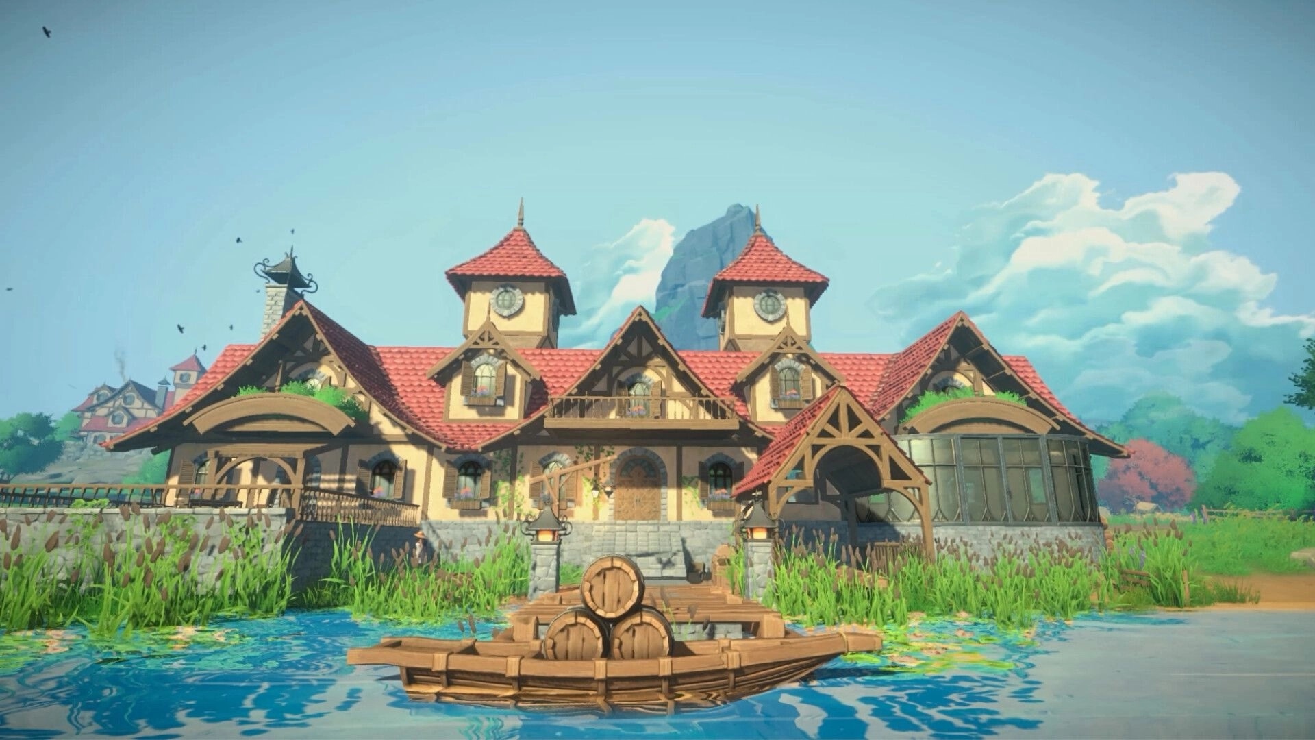 Cozy Builder: Grand red-roof château with clock towers by a lake, barrels on a dock, mountains beyond.