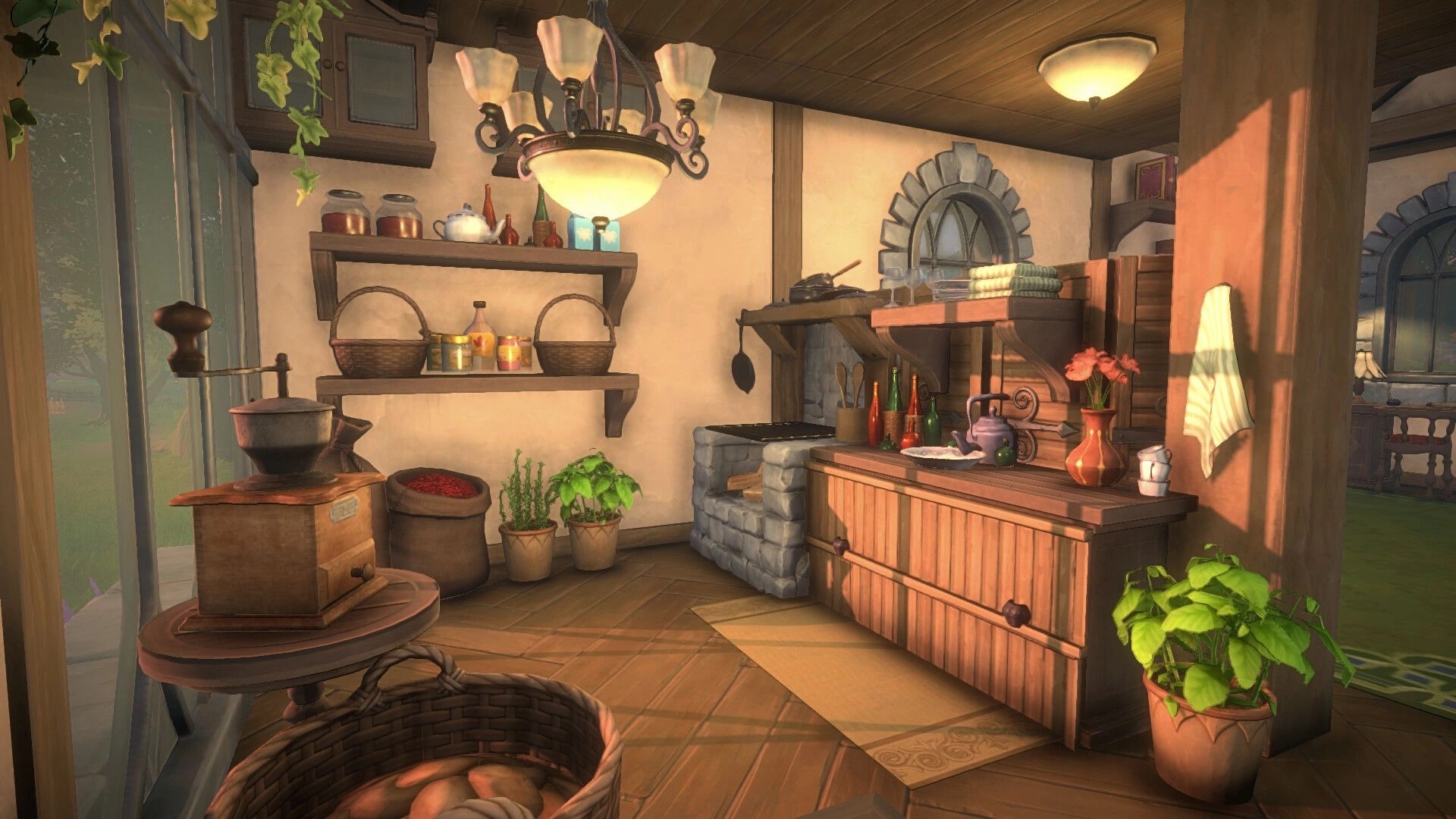 Cozy Builder: Decorated rustic kitchen with shelves, stove, jars, and plants in a warm cottage interior.