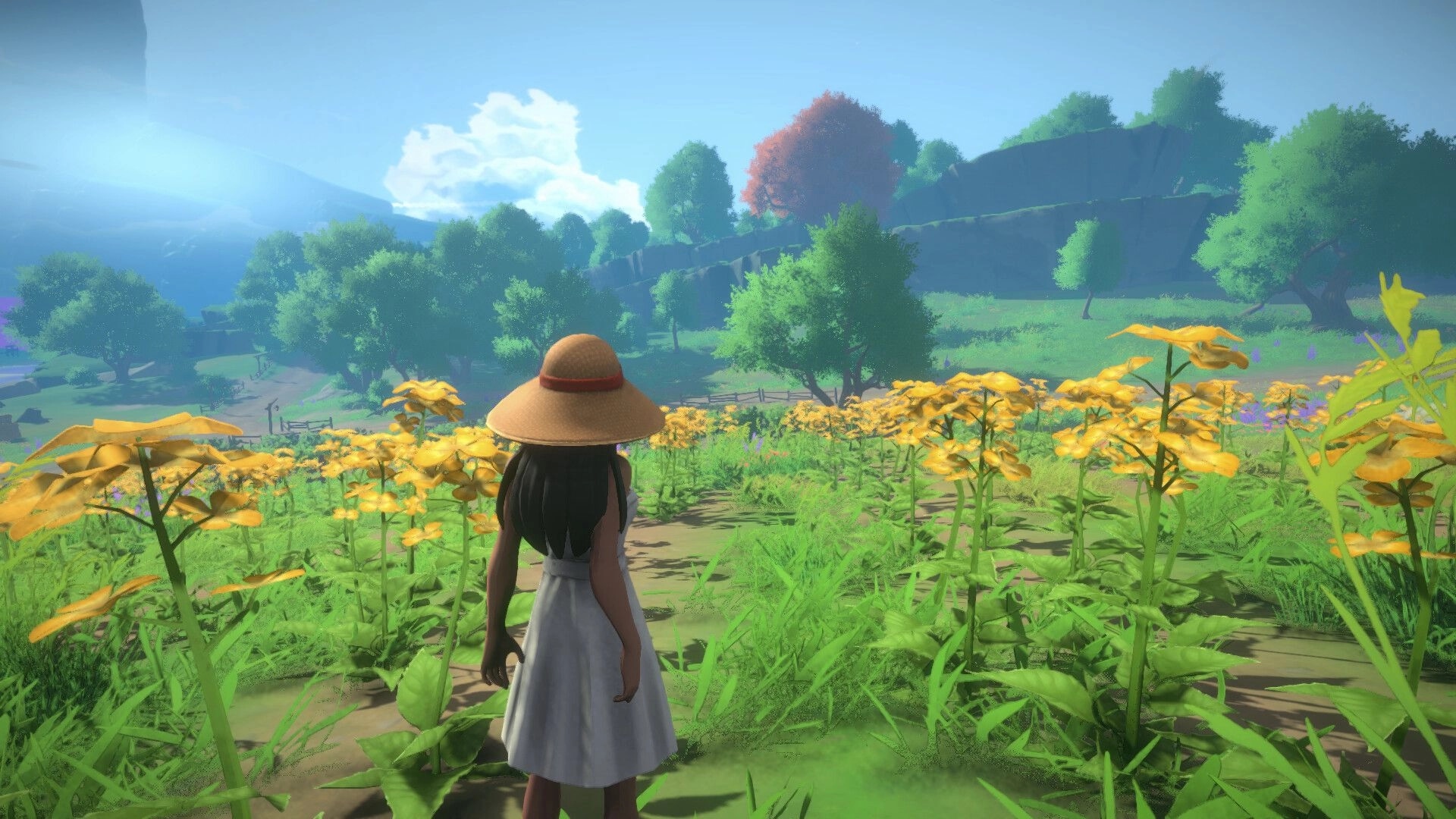 Cozy Builder: Player character in sunhat stands in yellow flower field overlooking a green valley.