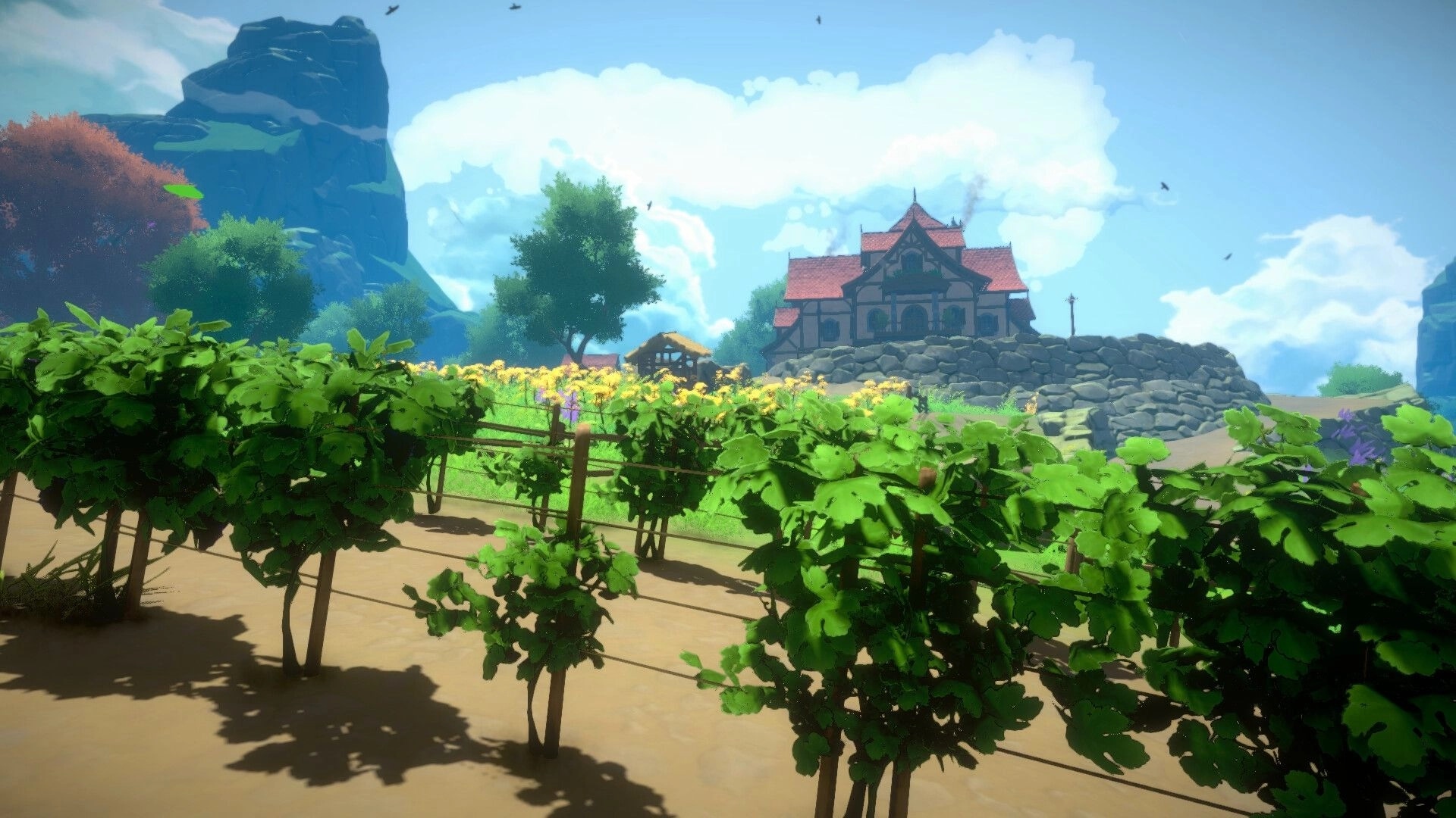 Cozy Builder: Vineyard rows in foreground with a red-roof chateau on a stone hill under clouds.