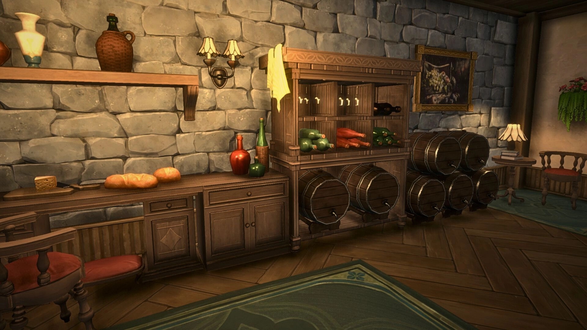 Cozy Builder: Rustic wine cellar decor with barrels, bottle rack, bread and lamps in stone room.