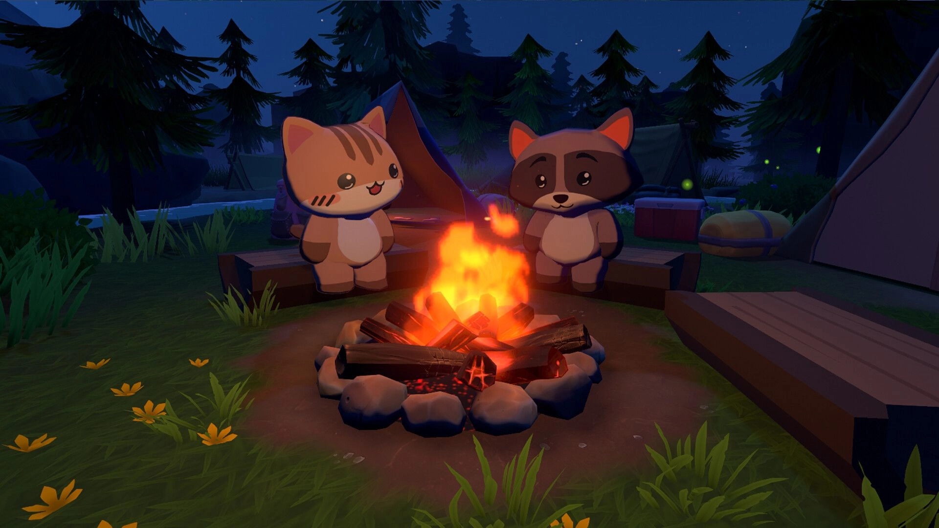 Cozy Campfire Club: Cat and raccoon campers by a crackling fire ring in a tented forest campsite at night.