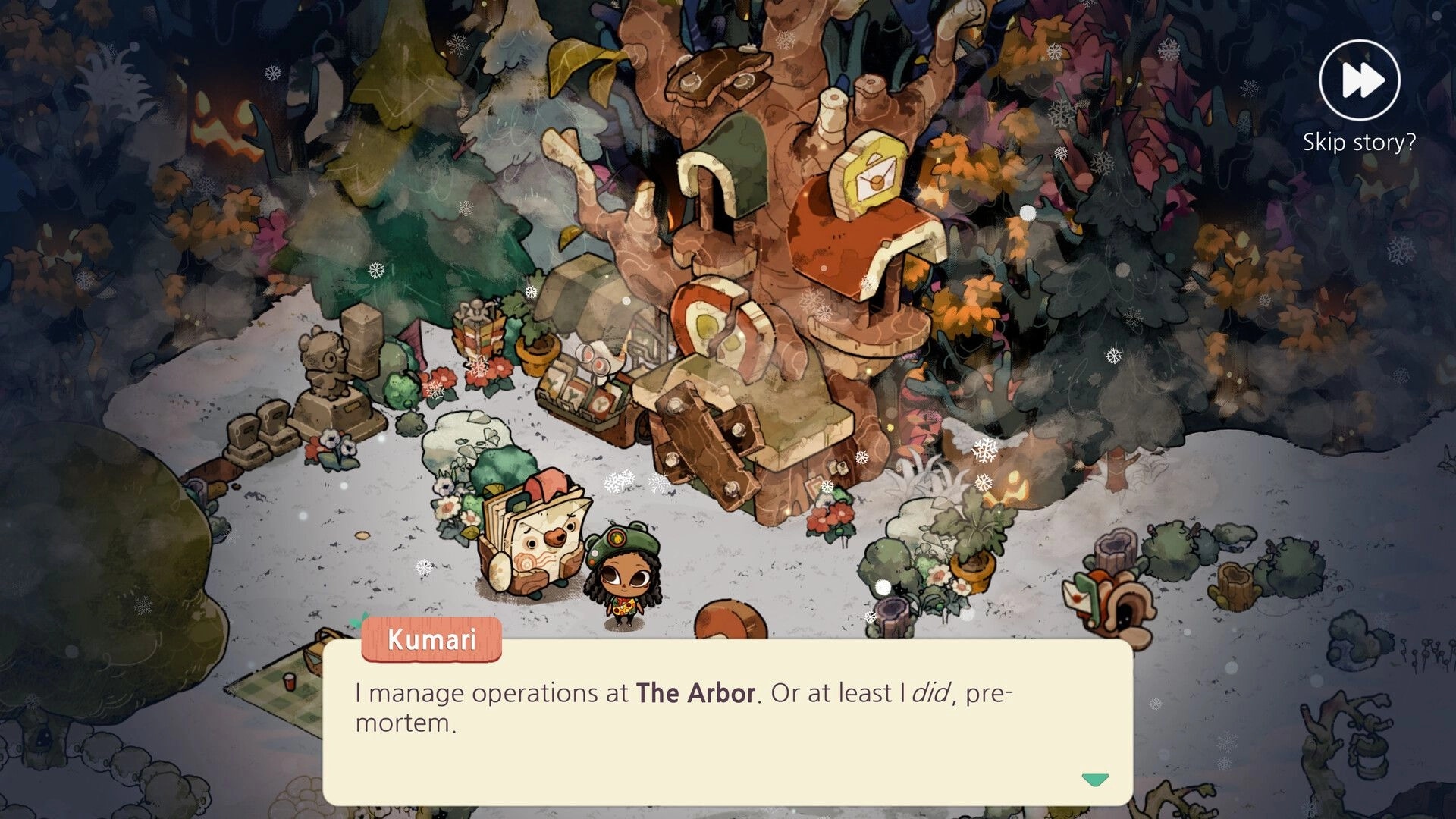 Cozy Grove: Kumari dialogue box by the Arbor treehouse in a snowy forest, skip story button visible.