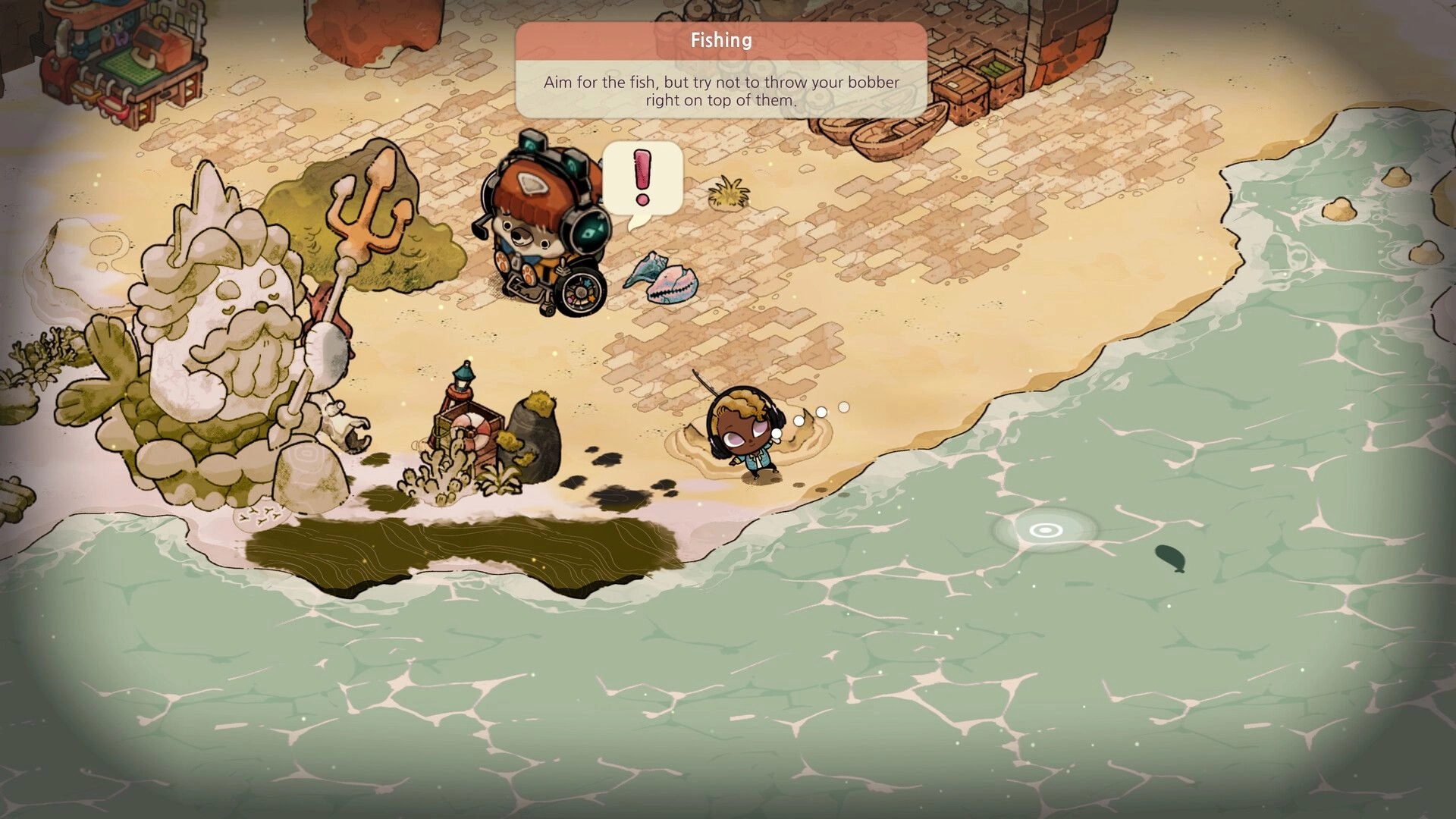 Cozy Grove: Fishing tutorial pop-up as player aims at a bobber near the sandy shoreline camp.