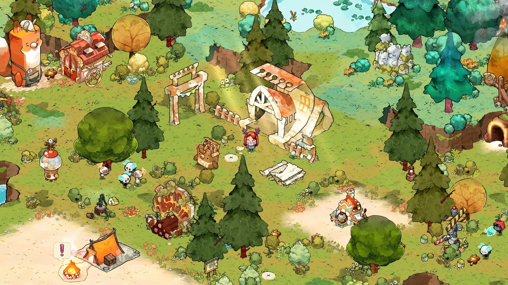 Cozy Grove: Player stands by a giant broken plane wreck in a forested campsite with tents and shop cart.