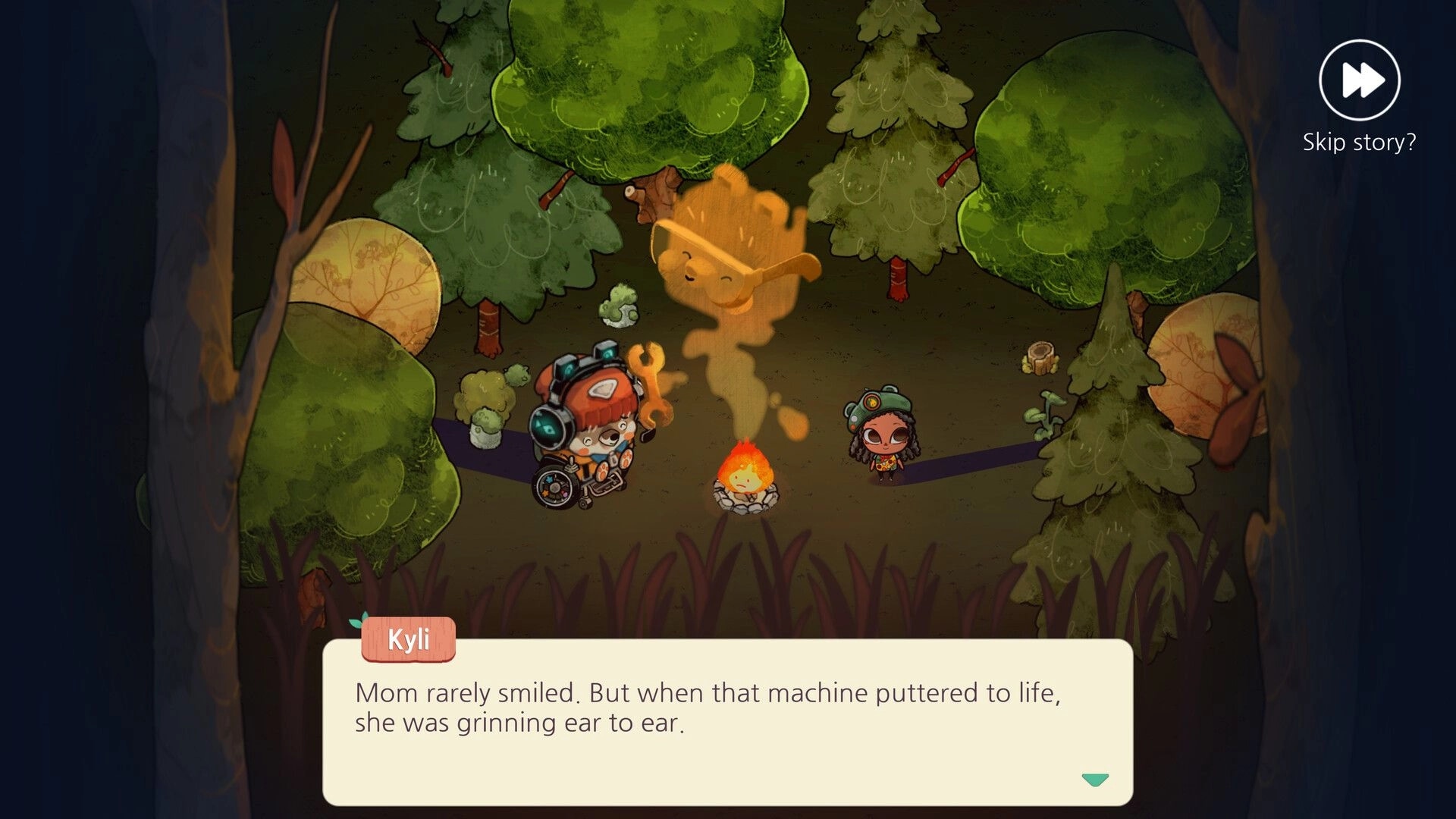 Cozy Grove: Kyli dialogue scene by a campfire with two characters in a forest clearing, skip icon.