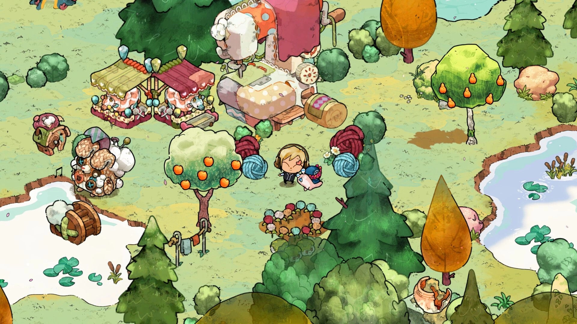 Cozy Grove: Scout stands by yarn piles and fruit trees near crafting tents and a pond clearing.