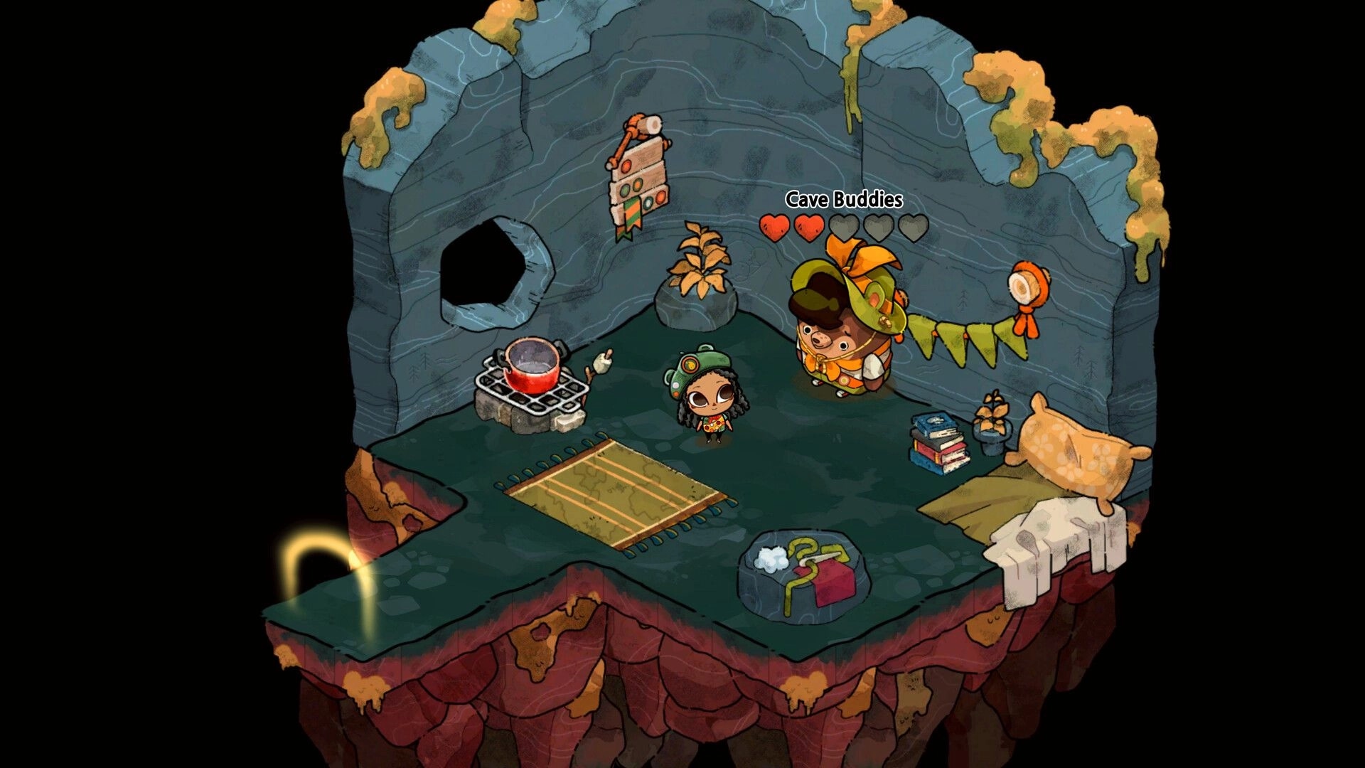 Cozy Grove: Scout meets Cave Buddies bear in a cozy cave camp with hearts UI and cooking pot.