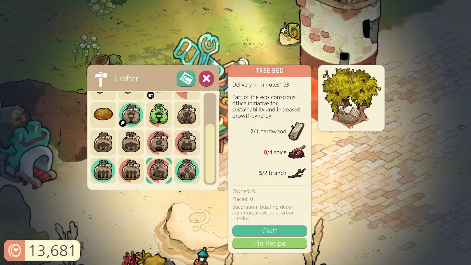 Cozy Grove: Crafter menu open crafting Tree Bed recipe beside a lighthouse on sunny island path.