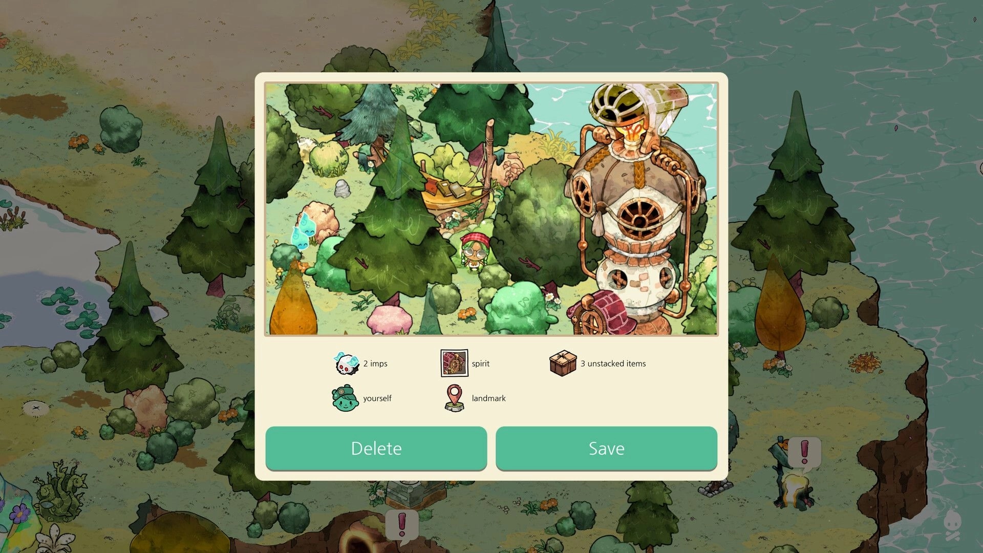 Cozy Grove: Photo save menu over forest map with player by trees and a tall lighthouse machine nearby.