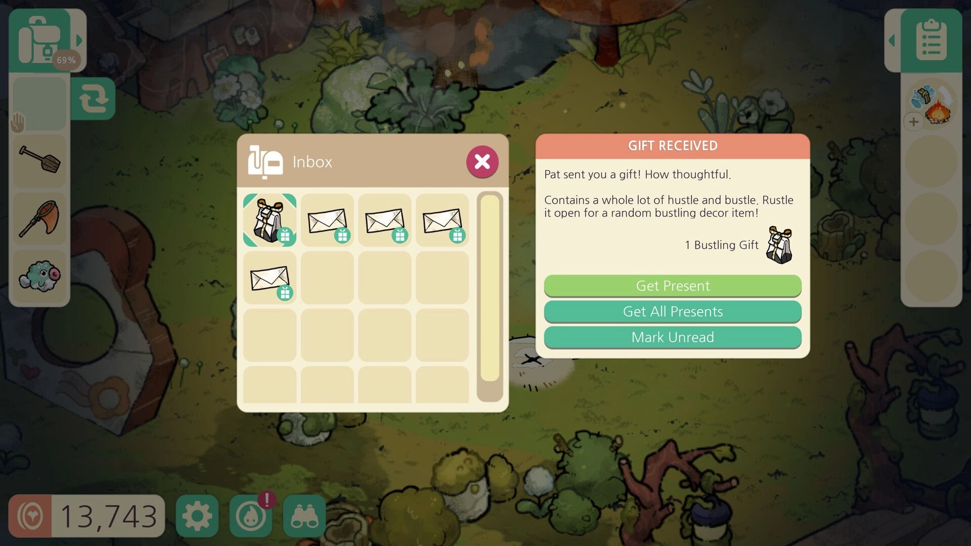 Cozy Grove: Inbox and Gift Received pop-up for Pat’s Bustling Gift over a forest campsite map.