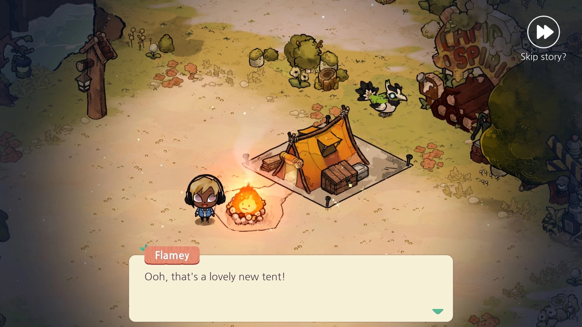 Cozy Grove: Flamey praises a new tent beside a campfire in a clearing, dialogue box and skip icon.
