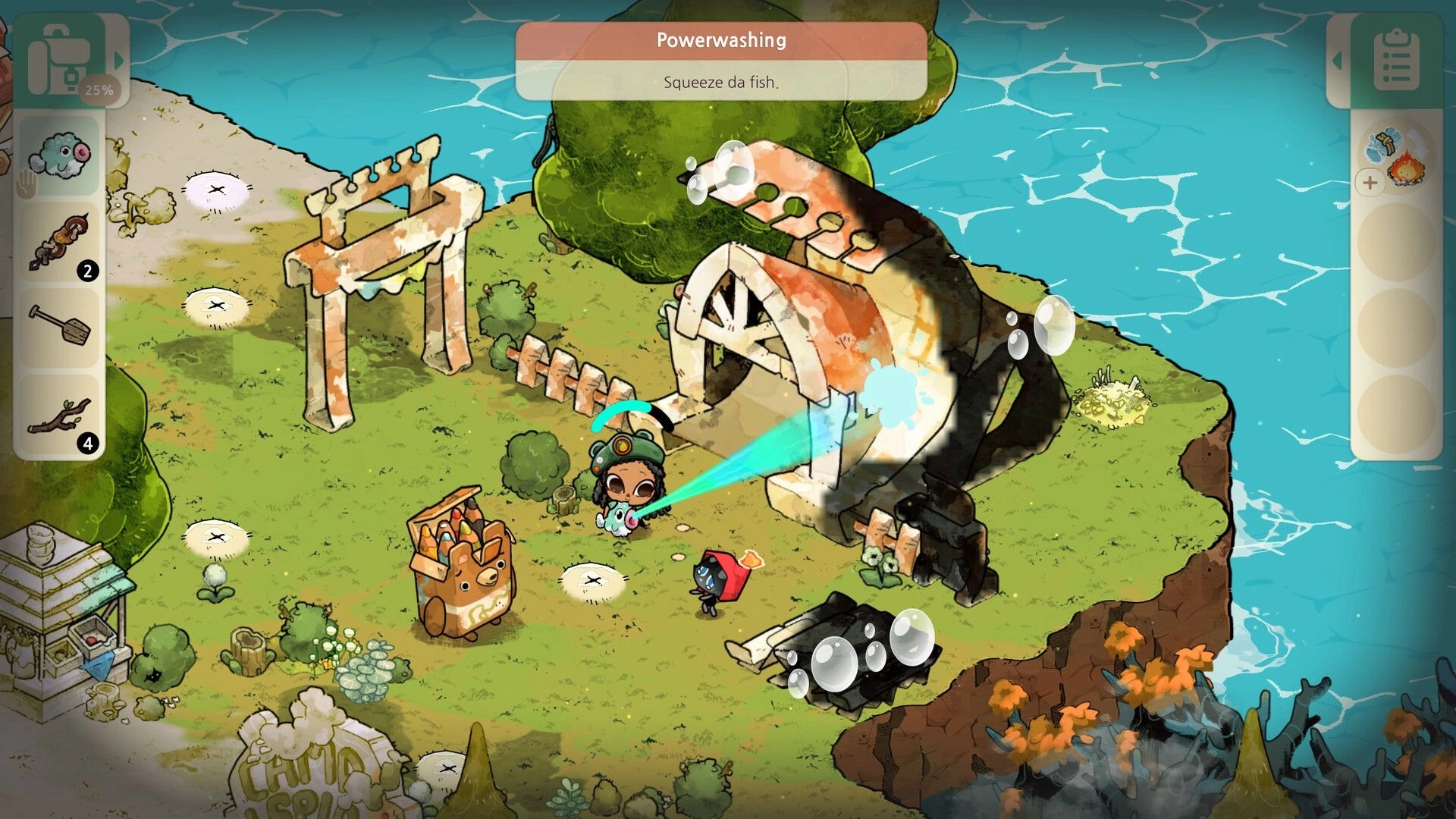 Cozy Grove: Player powerwashing a giant fish skeleton on a grassy island shore with tool UI icons.
