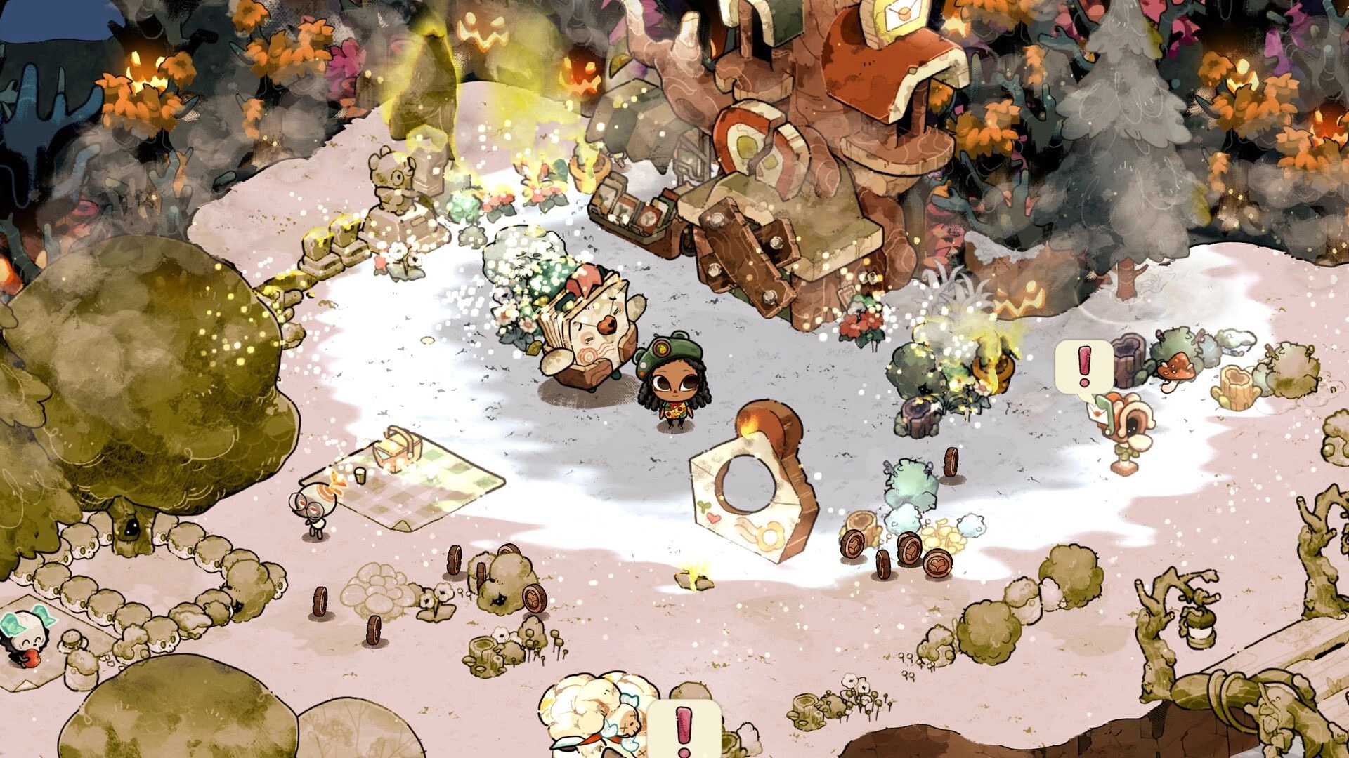 Cozy Grove: Player stands near a ghost bear by a snowy campfire, coins and quest icons around.