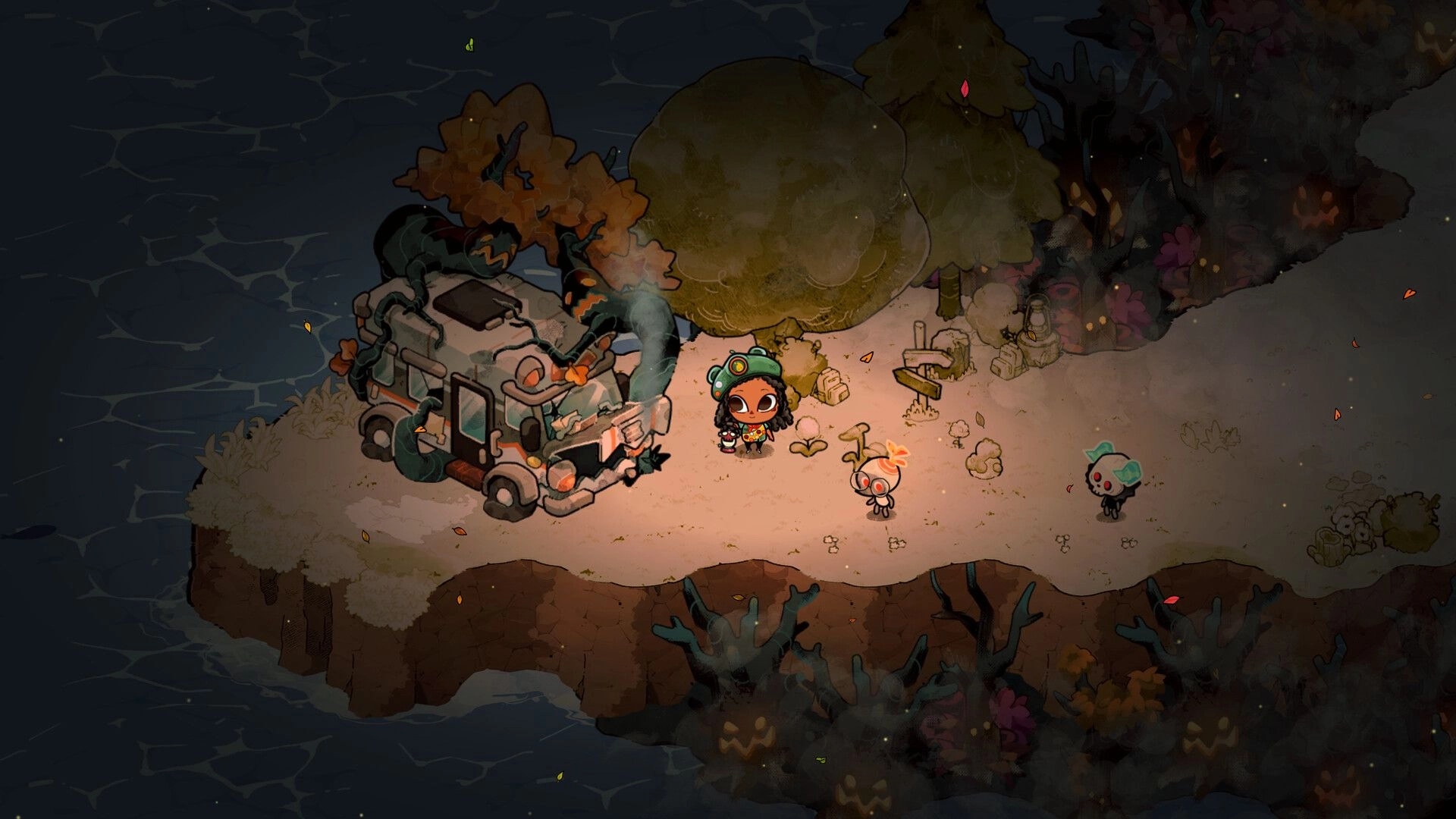 Cozy Grove: Camper stands by a vine-covered van with two spirit critters on a dusky beach clearing.