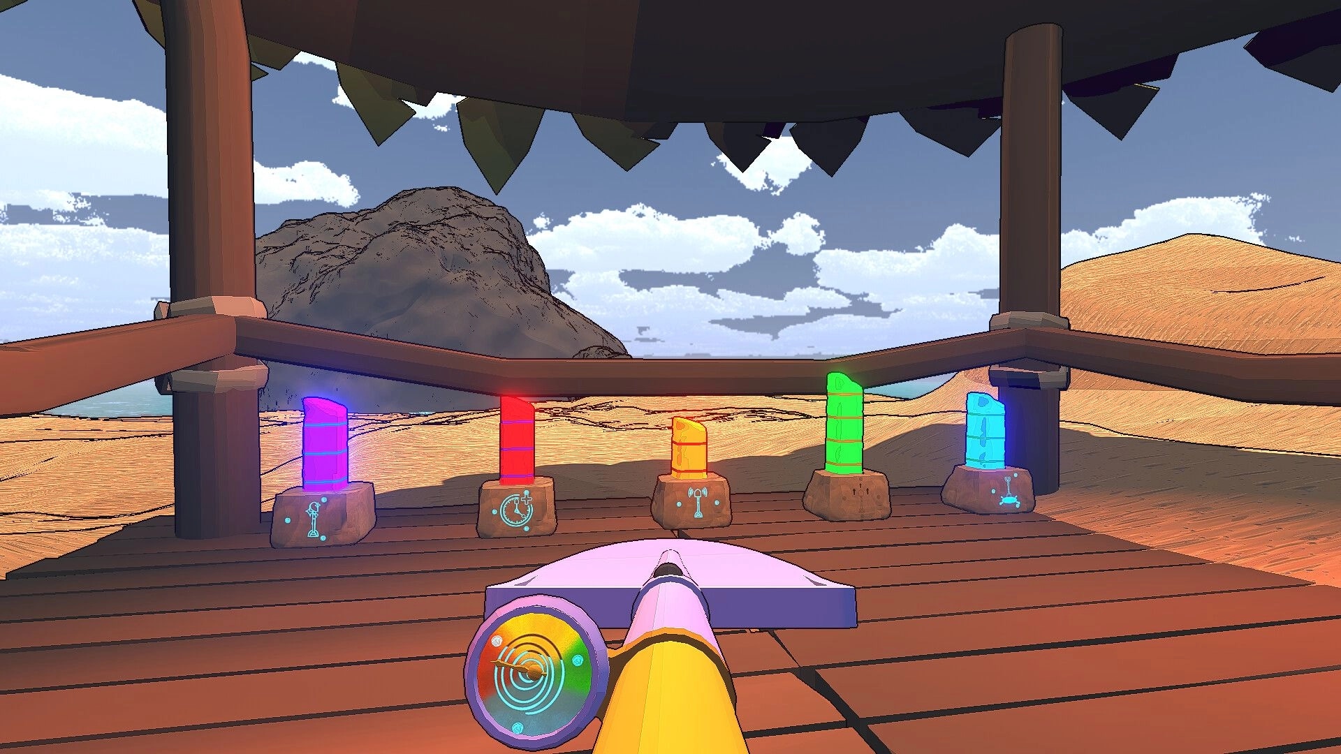 Cozy Holes: Digby observes colorful totems on a wooden deck in a sandy, tropical environment.