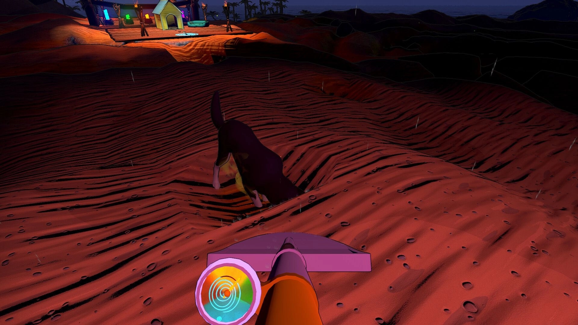 Cozy Holes: Digby digs into sandy terrain with radar tool, distant village and colorful lights visible