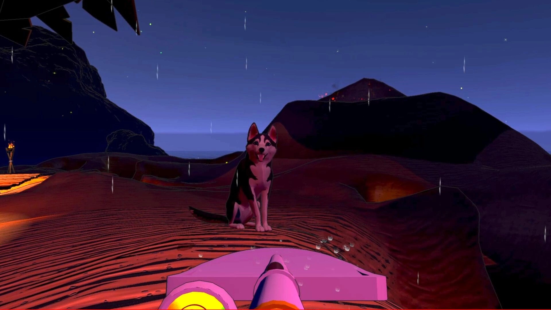 Cozy Holes: Digby encounters a friendly dog on a colorful, rain-soaked landscape under a starry sky.
