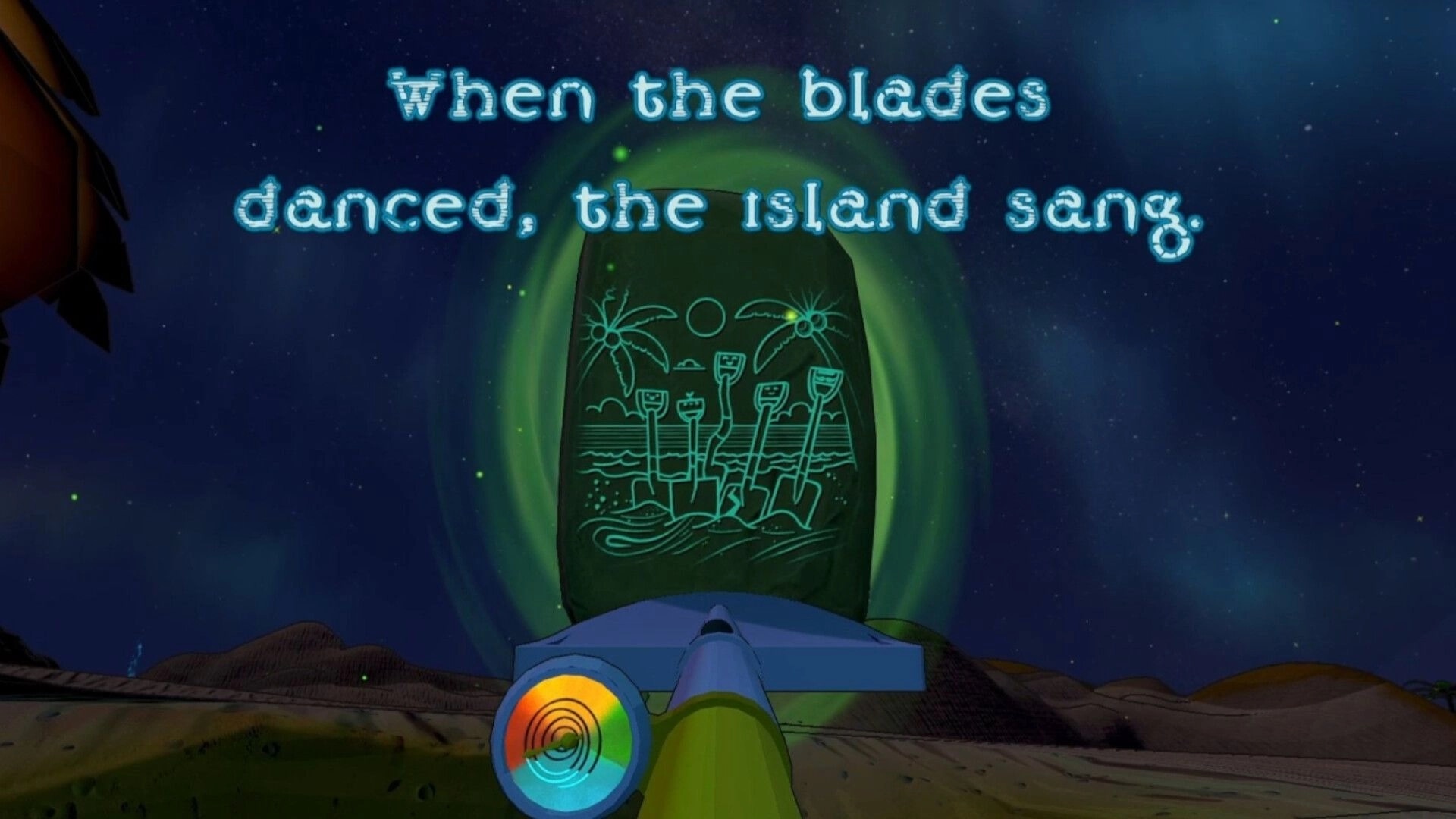 Cozy Holes: Digby examines ancient carvings on a glowing stone under a starry tropical night sky.
