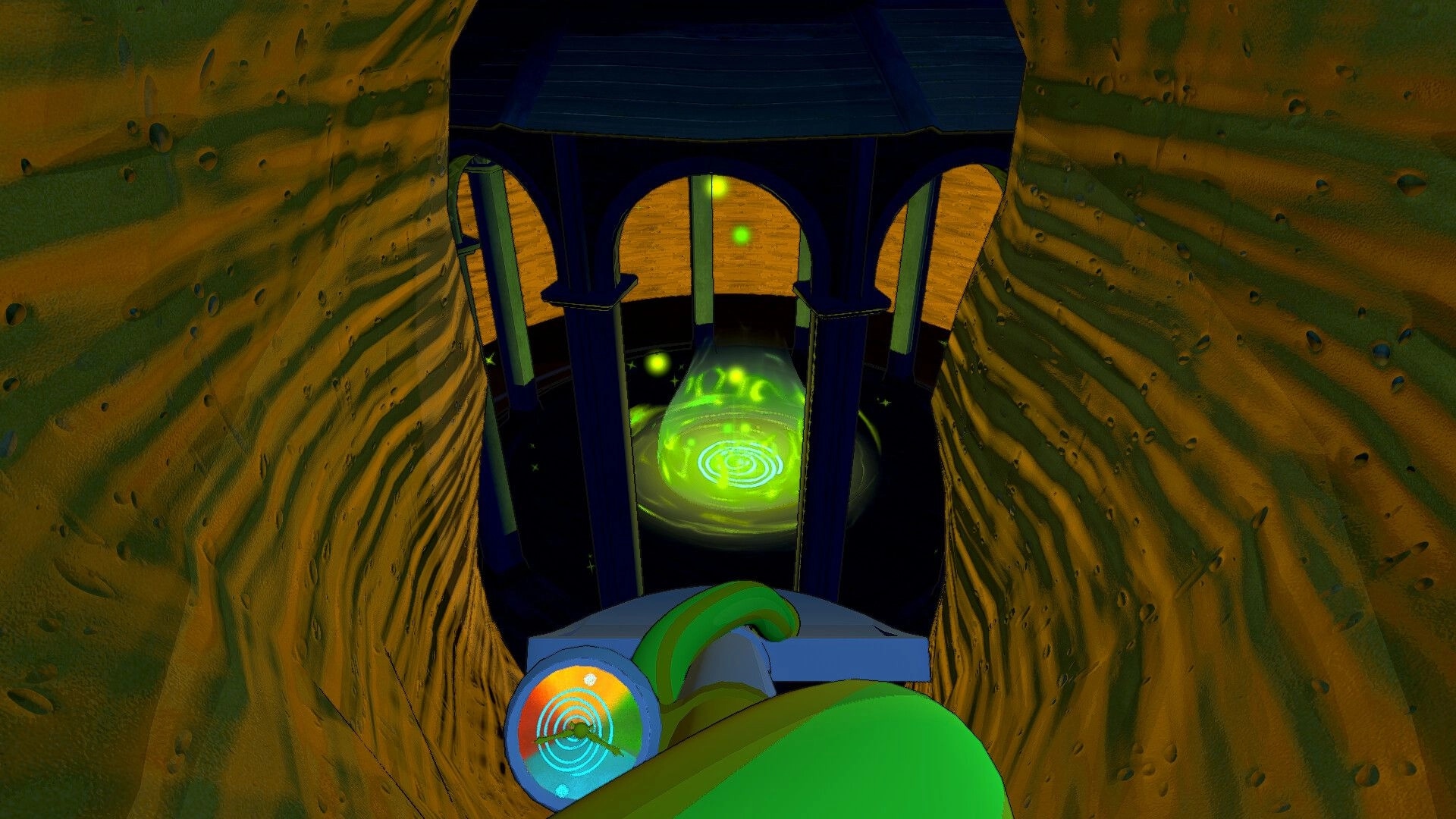 Cozy Holes: Digby descends a mystical glowing pit with ancient carvings and vibrant swirls in walls.